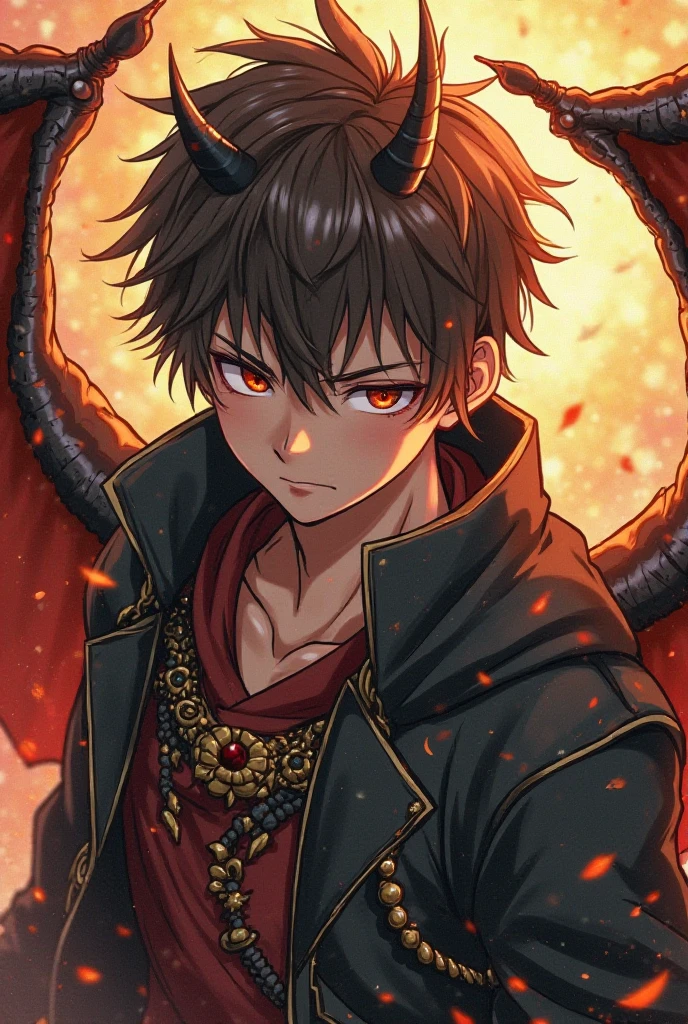 Anime character, black curly hair, pulled eye, brown skin, dragon tattoos on arms, scar on left eye, red eyes, magic staff on left hand, black overcoat, full body, animation, 2D art, digital ART, anime style, high quality