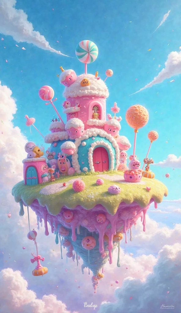 Candy Island , The background is a blue sky,Lots of white clouds