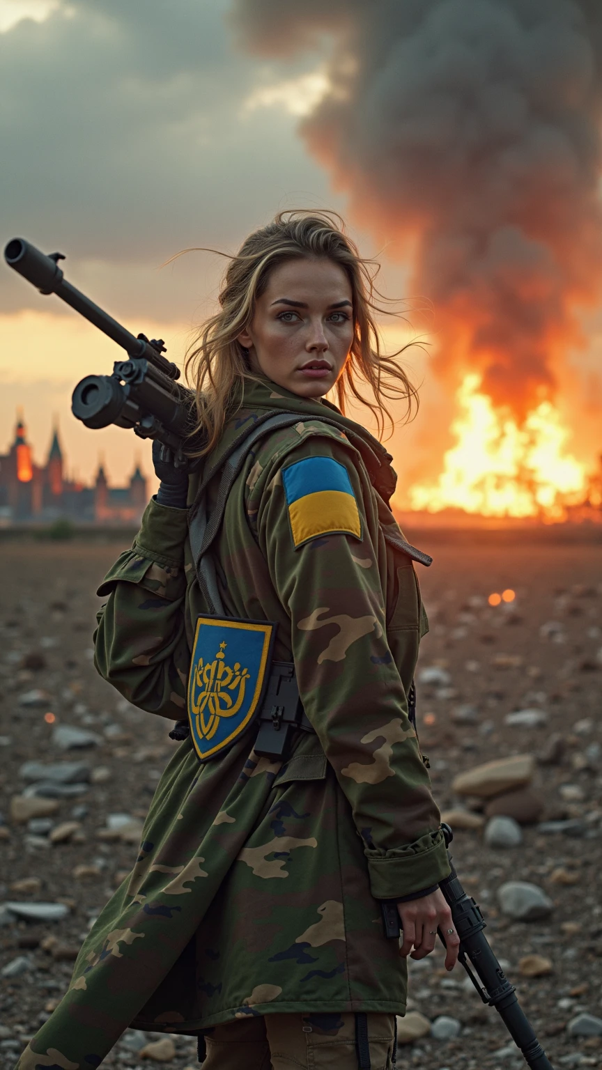 RAW, analog style, Award Winning Full Body Glamour photograph, gritty, dirty grimy skin, Goddess Ukrainian Female Soldier, Ukrainian goddess, sexy woman soldier, extremely detailed photograph, front lit, HDR. petite, blond hair, blue eyes, ((high detailed skin, skin details)), sharp focus, 8k uhd, dslr, high quality, film grain, rim light, koda chrome, ((battlefield background)), ((Burning Vehicles)), 85mm nikkor lens, fire, smoke