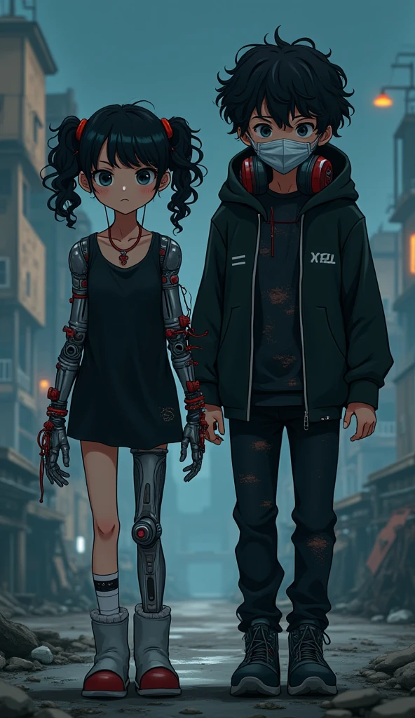 A large robotic male android holding hands with a little girl with blonde hair girl and wearing rags walking down the street in a dystopian cyberpunk in the rain at night