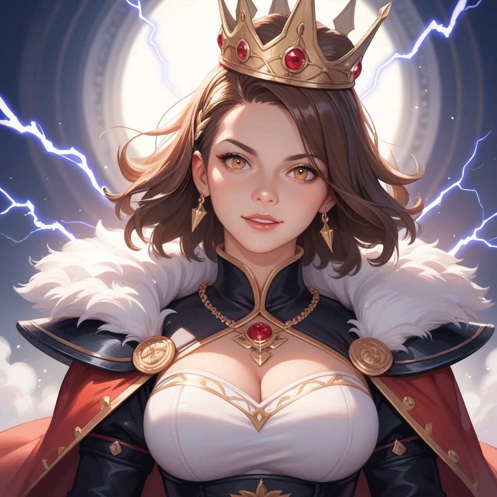 1 woman, brown hair, detailed face, plump lips, princess, medieval times, magician, overpowered, beautiful face, detailed eyes, detailed lips, holding magic ball in hand, space, magic power