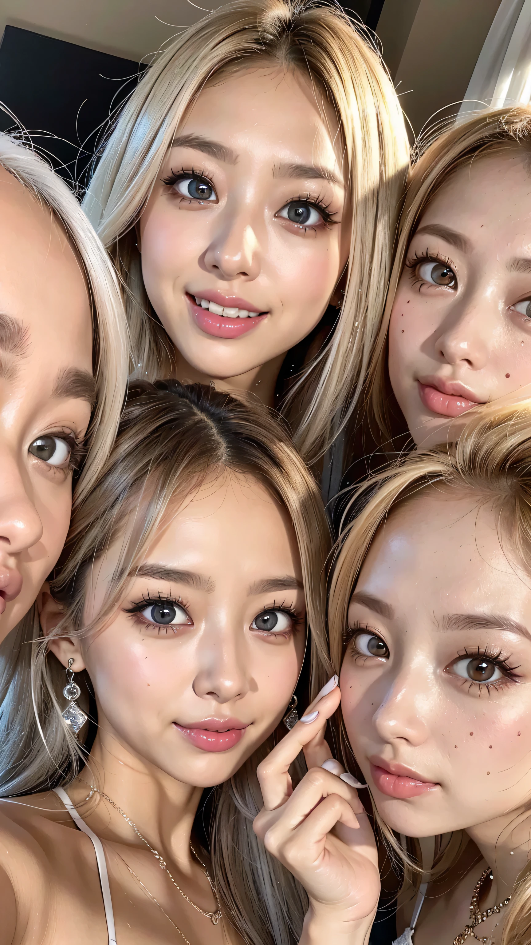 8k,high definition、 ultra clear 、 eyes match 、is staring at me、 I'm watching a close-up。My Face 、 すべての eyes match、 click here、I want to get close to beautiful women nearby 、 big nipples , huge nipples,Look at me with a smile 、vision、 Beautiful platinum colored hair 、 pose 、 4 beautiful women look at our beautiful long legs from an angle 、 I'm watching in close-up、I want to make eye contact with everyone, My lips stick out