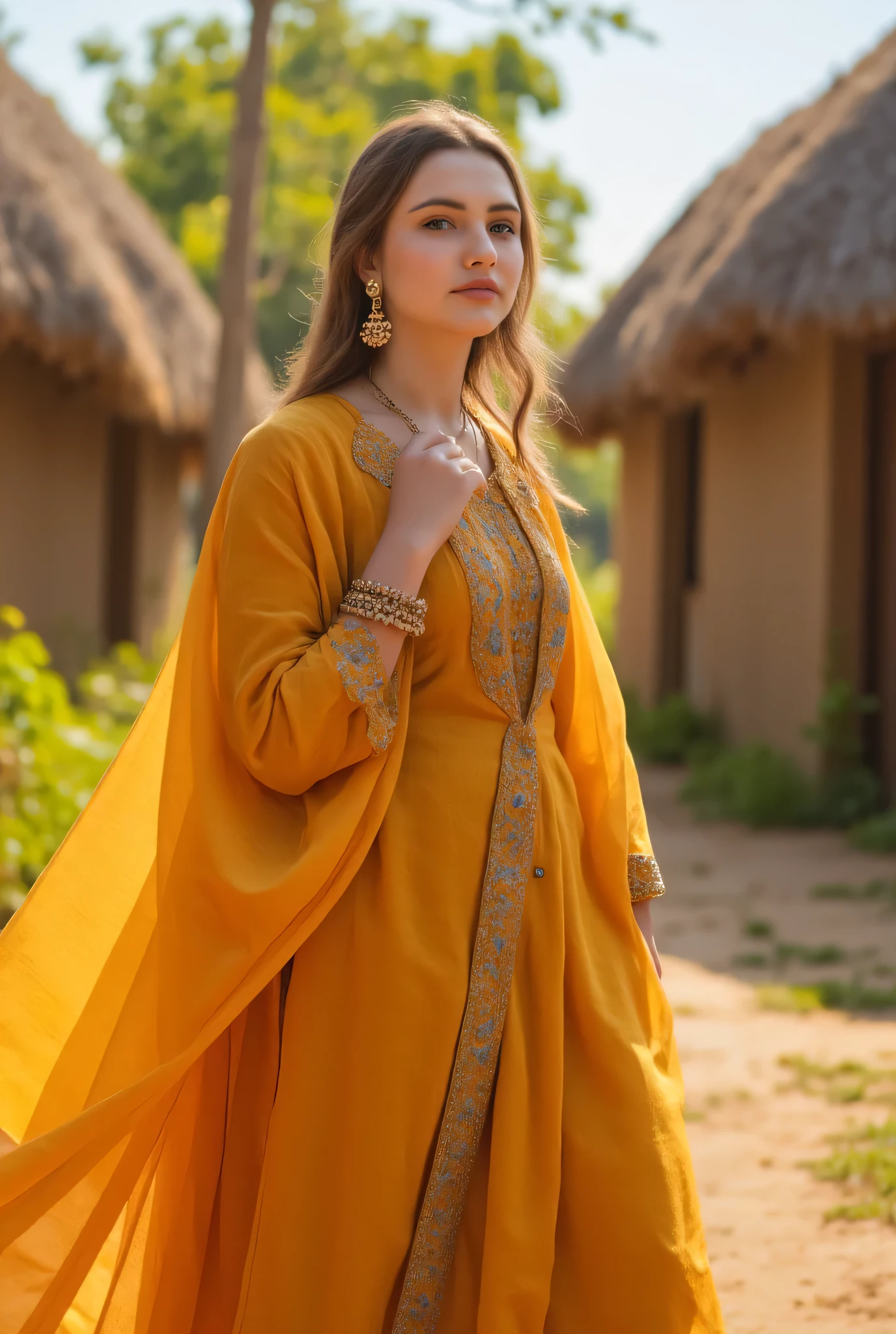 24 year girl in Indian village not modern village rural vibe wearing punjabi patiyala kurta set abcde