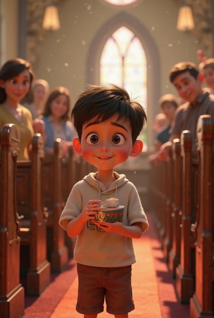 A Disney Pixar-style image, of a white boy, flat hair, dark browns, fallen at ear height. slanted eyes, loose white shirt. He is preaching in a black church