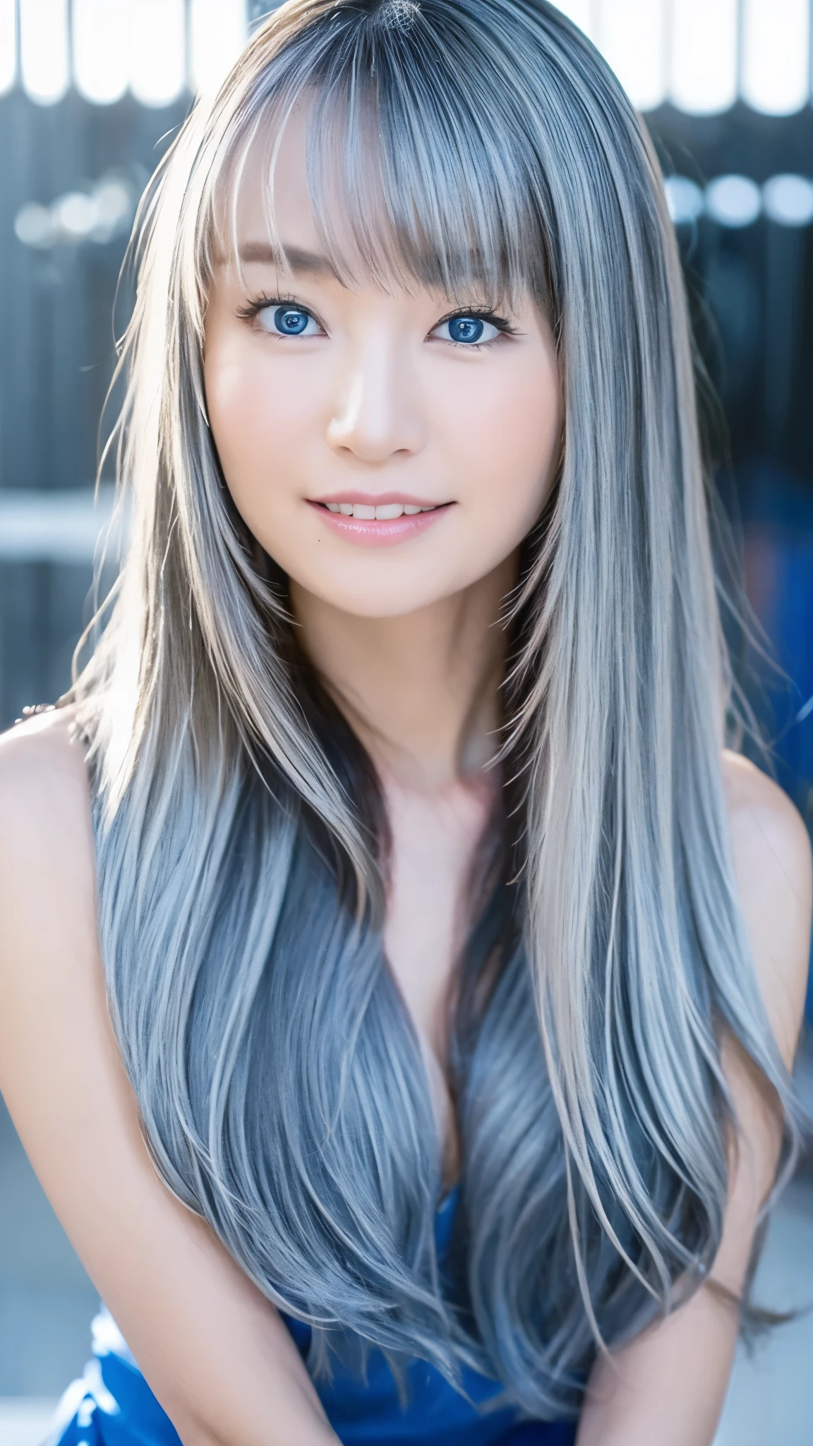 Shining, clear, white skin、Her windblown silver hair hides her beautiful face.、huge、Sexy beautiful face of 28 years old、Beautiful straight hair that stands out、growing up, Sparkling light blue eyes、Sexy long silky bangs covering the eyes,  young woman with super long hair hiding her  face、Shining silver hair、(((Sexy Woman)))、mizukinana、The cleavage is visible