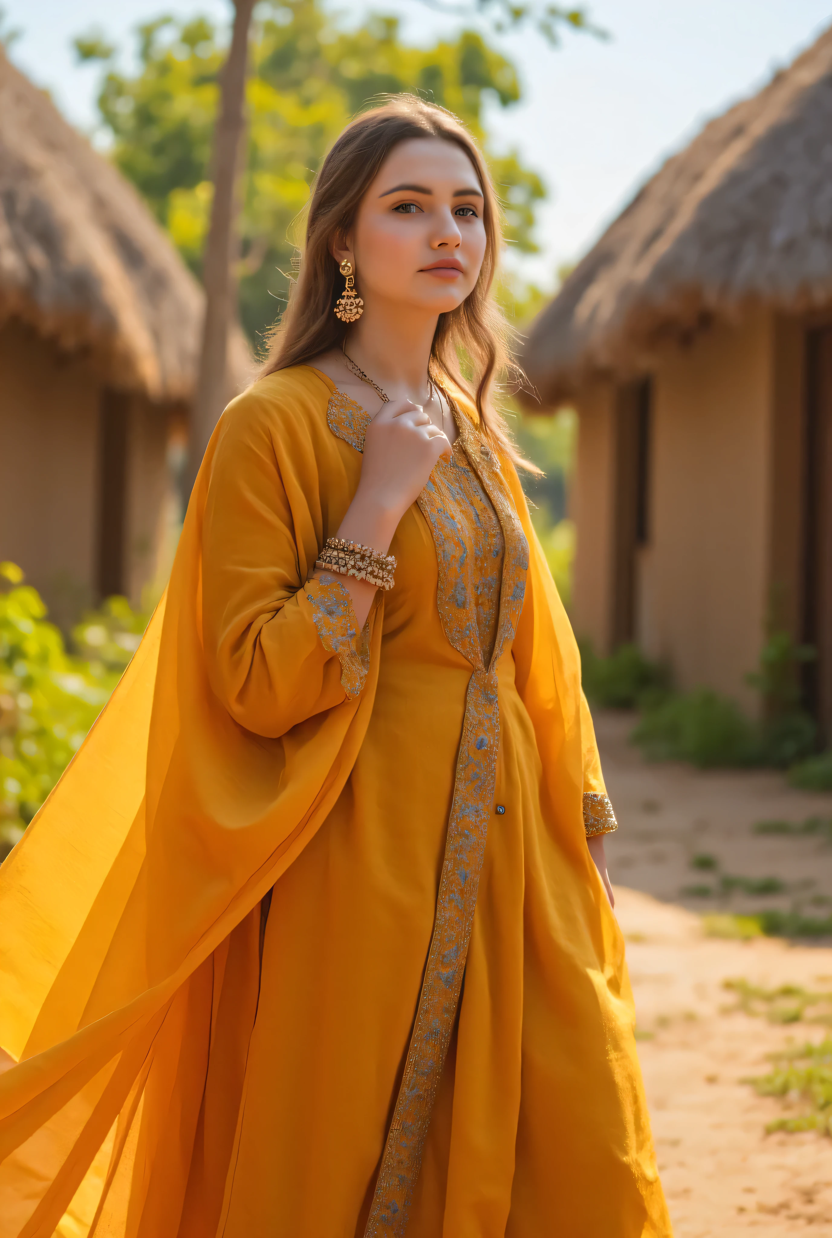 24 year girl in Indian village not modern village rural vibe wearing punjabi patiyala kurta set abcde