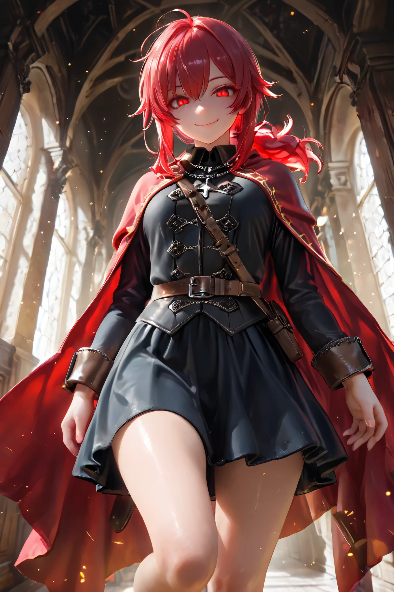 masterpiece, best quality, detailed eyes, semi realistic, 8k, girl, pure, emotionless, red low ponytail hair, red eye, fantasy hallway, black medieval luxury uniform with red accessories, nobility, little bit smile, red fluffy cape, looking down at viewer, evil smile, shiny particles on herself left hand, very low angle shot, squating down one leg