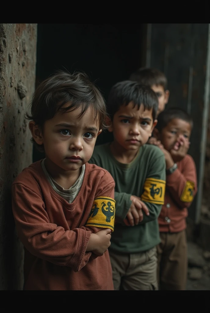 Generate an image of poor pakistani kids standing in line crying for for food and seizing bread from each other
