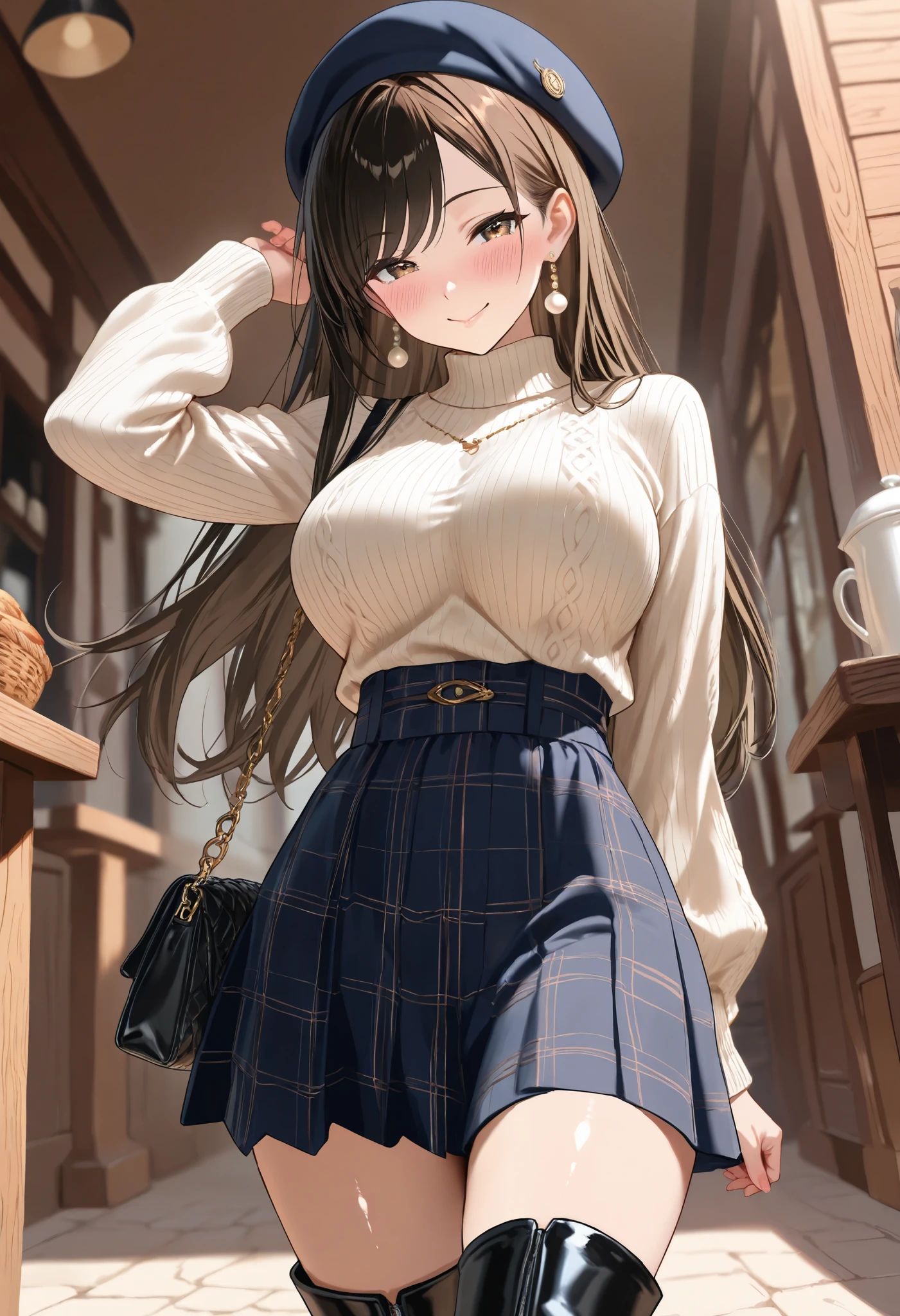 (best quality, masterpiece, ultra detailed, high resolution), Beautiful 8K CG artwork, Enriched photography, anatomically accurate body, depth of field,  1girl, elegant yet sexy girl, (long hair, black straight hair, swept bangs), 
round large breasts, breasts together, sexy yet lewd large hips, skinny shape, (skindentation:0.7), perfect waist to hip ratio, fully clothed, (erected nipples under-clothed:0.65), 
BREAK
sensitive, perfect composition, cinematic shadows, 
detailed face, cute face, (shiny face:1.2), detailed eyes, shiny eyes, (eyes highlight:1.2), beautiful detailed skin, cheerful skin, shiny skin, detailed clothes, 
BREAK

1girl, solo, (black hair), (blush:1.3), (seductive smile), classic autumn outfit, wearing a navy-blue fitted turtleneck sweater with long sleeves, tucked into a high-waisted plaid midi skirt in warm brown, red, and beige tones. The skirt has soft pleats and moves gracefully with each step. She wears black suede knee-high boots with a slight heel and carries a structured burgundy leather handbag. A camel-colored wool beret and delicate pearl earrings complete the look. Her dark brown hair is styled in loose waves. The background features a cozy European café with outdoor tables and golden leaves scattered on the ground, sexy pose, bewitching pose, cowboy shot, looking at viewer, from {front|side|below}, 

BREAK
{1::from front , {3::looking at viewer|1::looking away}|6::(three quarter view:{3::0|2::0.2|1::0.6|1::1})}, {(from below:{0.6|0.4|0.2})|straight-on|(from above:{0.2|0.3|0.4})}, (dutch angle:{3::0|1::0.2|1::0.4})