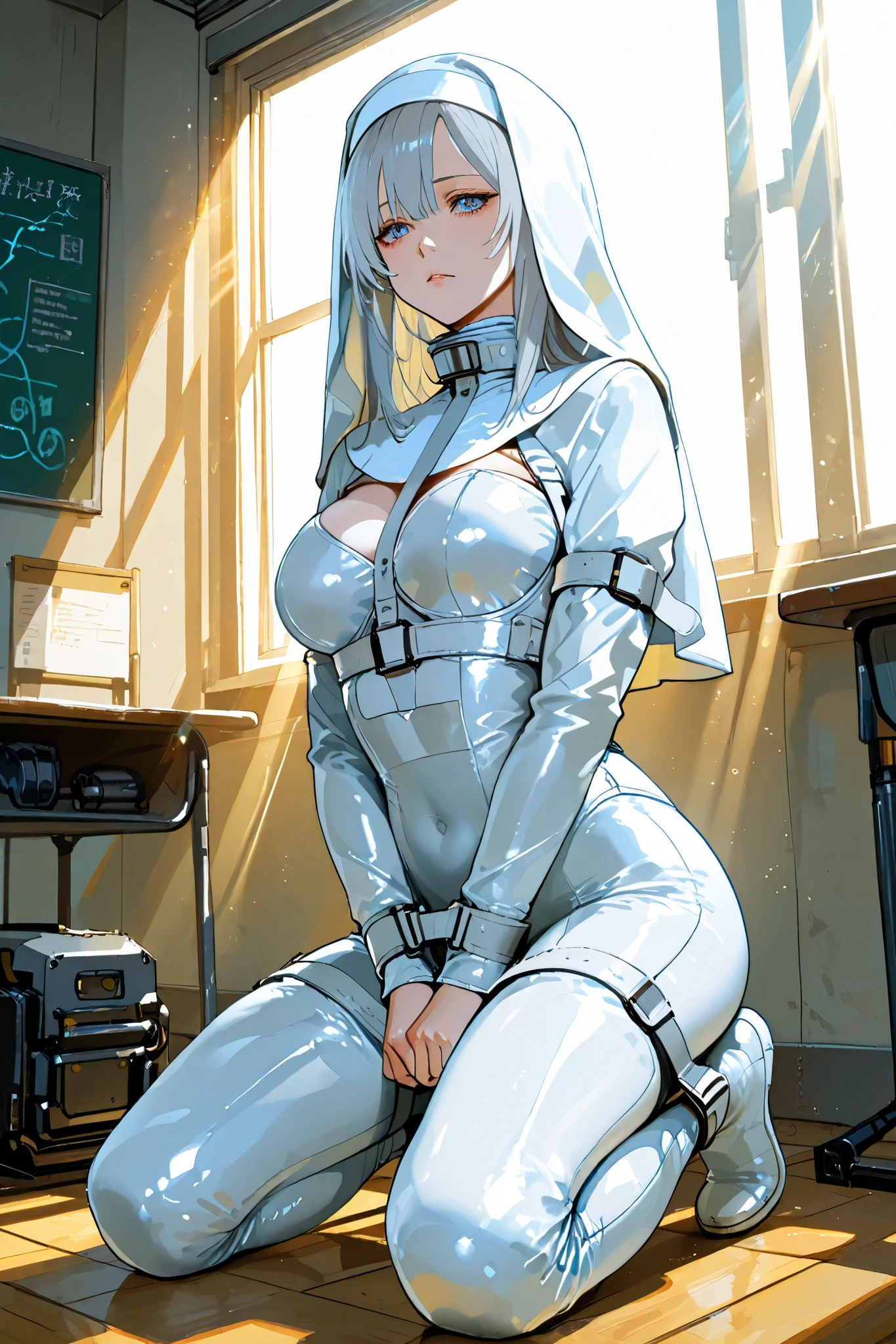 nun、latex、knight、 straitjacket、cyberpunk、Mech Armor、Heavy equipment、Gray Hair、Blue Eyes、Beautiful Girl、 popup、 high school student、 erotic、 anime style、high quality