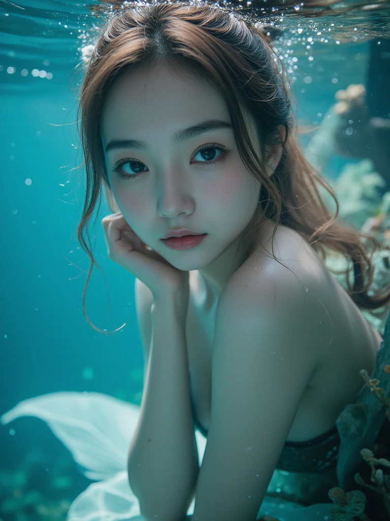 Kim jennie con el cabello negro oscuro, con rulos en las puntas del cabello negro oscuro, con un ganchito de estrella en el cabello negro oscuro, ojos de color claro, ojos bonitos, ojos llorosos, nariz bonita y respingada, labios bonitos, labios rosas, heart and cupid shaped lip, piel bonita, pale, piel blanca, con lunares y pecas en todo el rostro, rubor rosa suave en las mejilla, rubor rosa natural, maquillaje suave y rosa, jennie, cuellos bonito, cuello marcado, frown, mirada enojada, con un collar de beso, un collar bonito de beso, con un brasier de conchas del mar, mientras un brasier en forma de conchas de mar, con una falda roja, mientras tiene una falda suelta de color rojo, mientras tiene el abdomen desnudo, delgado, marcado y bonito, while under the sea, (pechos grandes, pechos suaves, pechos bonitos, pechos naturales), mirando a la camara, while his body is under the sea, autofoto