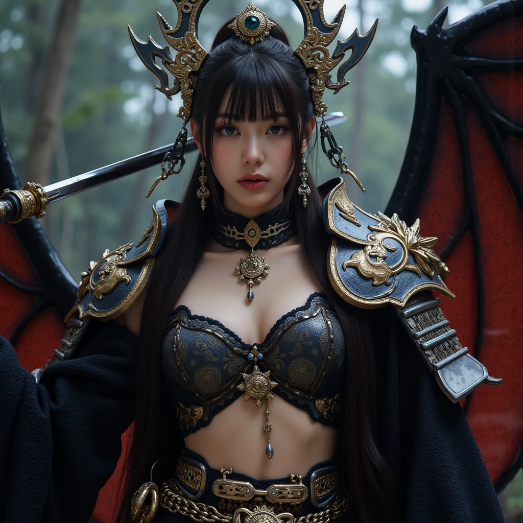 Professional , masterpiece、top-quality、photos realistic , depth of fields (Gemstone Black Metal Body:1.9),(Matte Black、(cleavage of the breast)、Dragon Gold Weapon(Dragon Metal Body:1.4),Gorgeous Gold Weapons ,(( Dragon's dense and gorgeous sword)) , Beautiful knife ,warhammer 40k , adepta sororitas,Detail and gorgeous crown、((Blue hair))、(Castle background)、The dragon、((Gangle's forest background))、Beautiful Caucasian beauty、(1a person)、dynamic ungle,(((Detailed and ornate Black Devil Crown)))、Smaller head、A smile、Castle background、Thin and beautiful female hands、cleavage of the breast、Soldier in iron armor on background、Mystical expression、Light Effects、intense fighting、Wind-effect、magic circles、With the legendary magic wand、(demonic wings)、