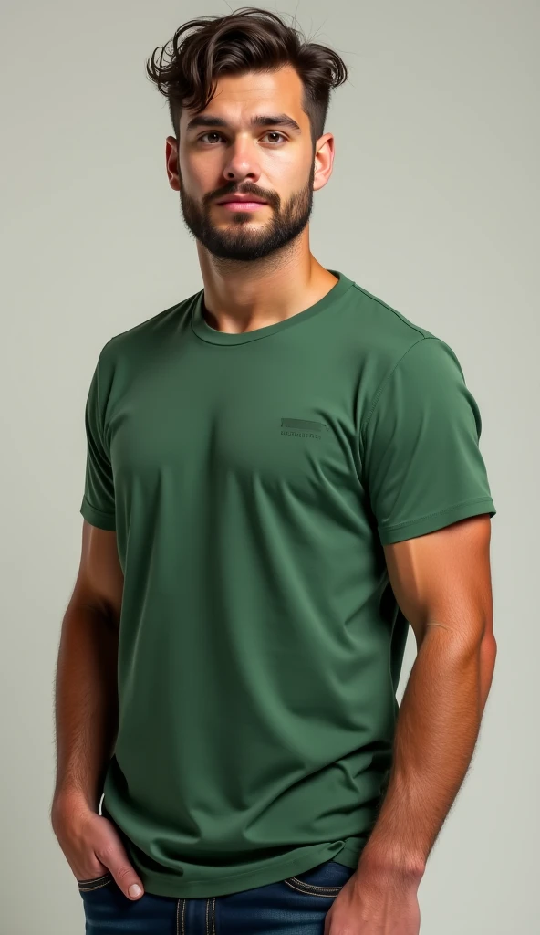 um homem maos na cintura , robust and somewhat athletic body, um pouco gordinho,  wearing a green sports t-shirt with hands on hips. foto profissional, disco Rigido, detalhes, Ultra realista, 8k, Camera profissional. Aos fundos, ginasio com fundo desfocado.