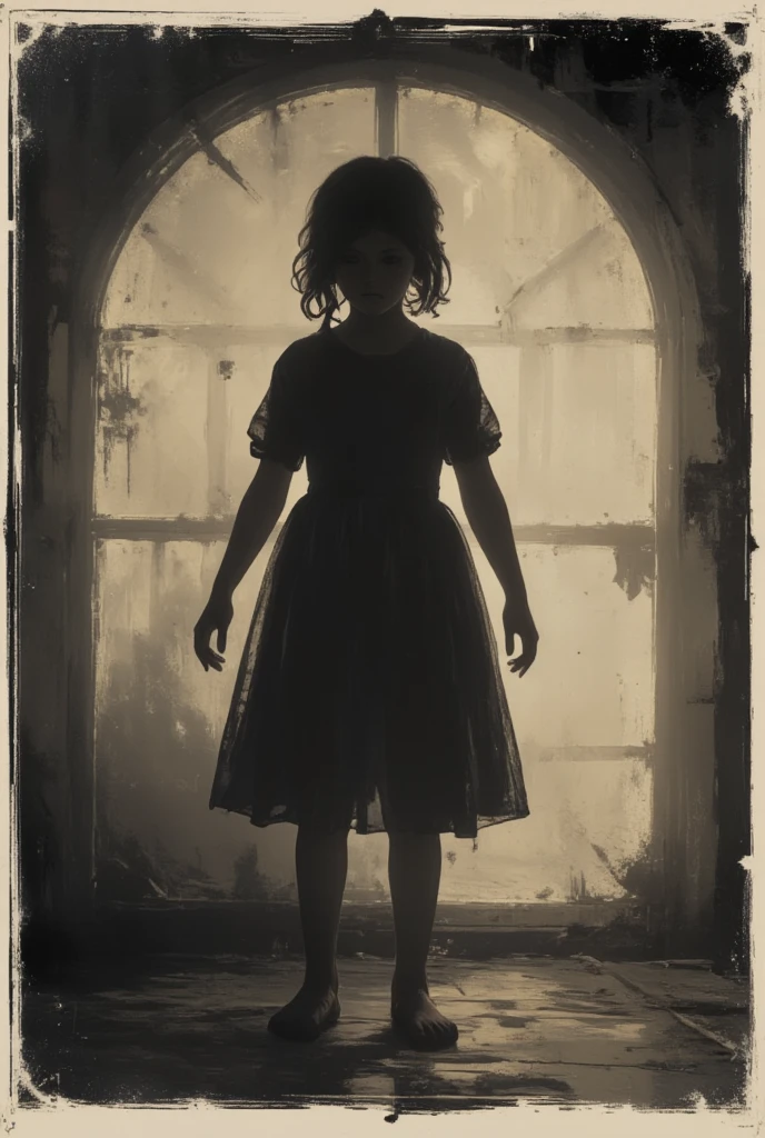 A shadow on the wall. The silhouette of a girl. Stylization. An old photo. Seed. Monochrome. Ferrotype. Sepia. Visual noise.