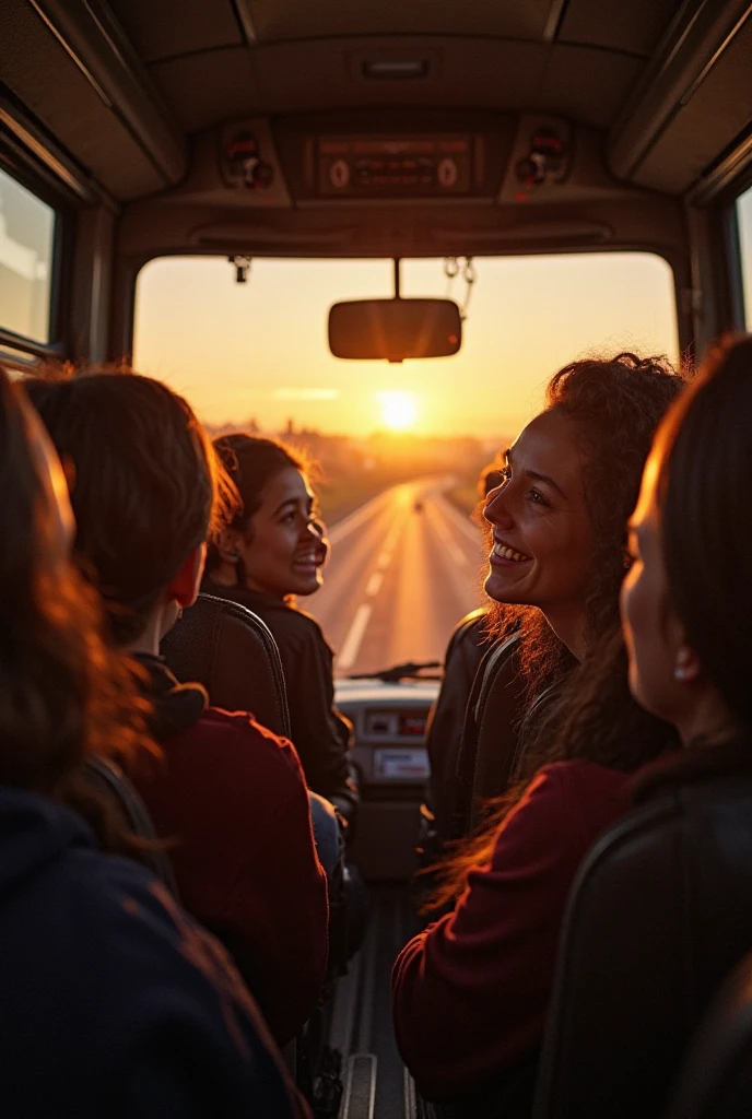 Inside the tour bus on the way back, tired but happy college students are leaning on seats, smiling, and looking out the window. The sunrise casts a golden glow on the road ahead, marking the end of an unforgettable journey."