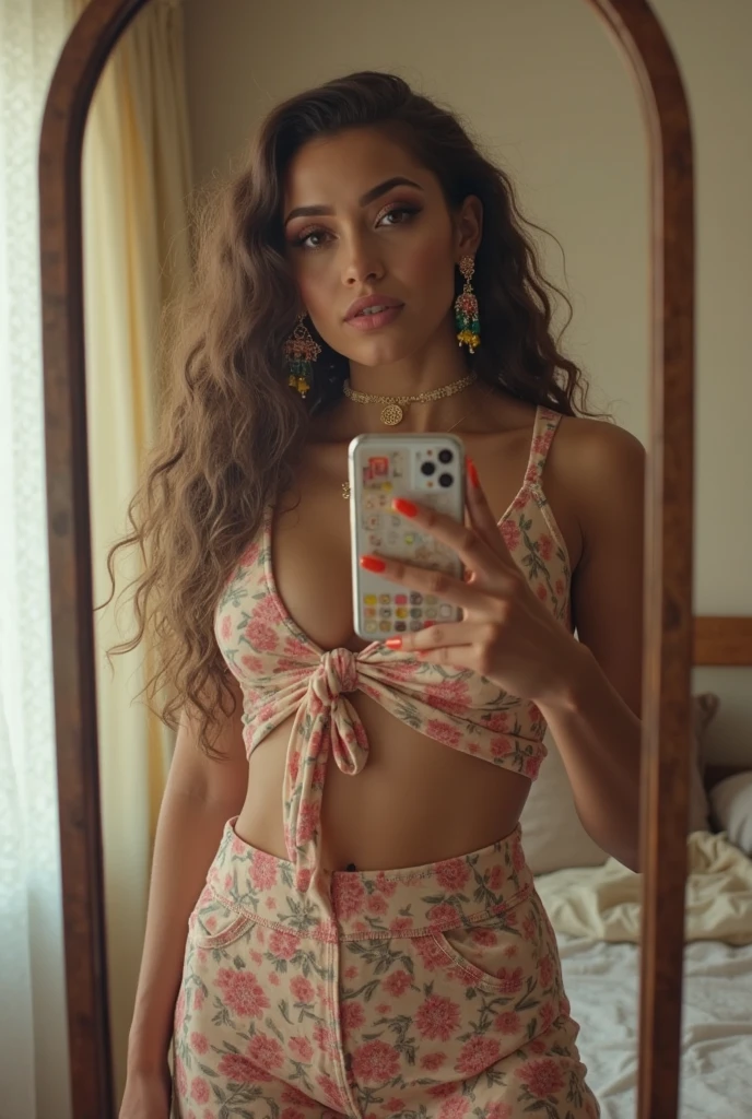 Hiper realistic and natural picture, 18 years girl taking a selfie in the mirror, Looking at the cell phone she is taking the picture on, wearing Black short cropped, short pink sexy shirt, cropped jeans, Aesthetic clothing, sensual clothing, pretty girl, cute girl, beautful, curly hair, dark look, sexy outfit, natural hiper real, light brown skin, curly hair, perfect face, perfect hands