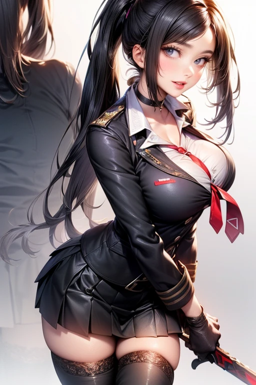 ((masterpiece)), ((best quality)), (ultra-detailed), lovely, ((sexy)), (ero), ((extremely detailed)), 4K, (8K), best quality, (beautiful), 

office,desk, lift up one's skirt, stick out one's buttocks,

1girl, beautiful blue eyes, beautiful black twintail hair, glasses,

jacket, open-button shirt, short skirt, stockings, ((White panties, cameltoe)),

buttocks, large breast, sweaty, wet body, navel out, thighs out, slim, slender,  ribon, ashamed, blush, translucent body, Transparent, shiny-glistening, gleaming,