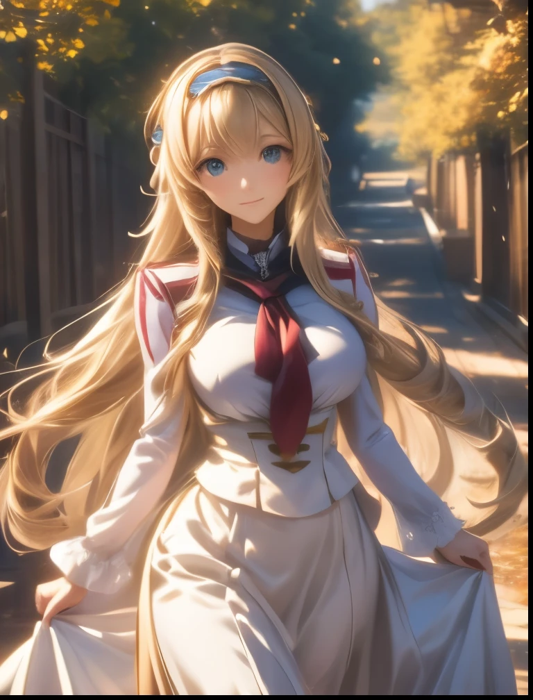 (((SFW、Highest quality、 first class masterpiece 、 Normal Body 、8k、 detailed faces 、 super precise、 real color 、5refer to、Highest)))、Cecilia Alcott Cecilia Alcott / infinite stratos 、 Gold、long hair、Vertical roll hair、Big Breasts、slender、 slim、 can be used、uniform、long skirt with low skin exposure