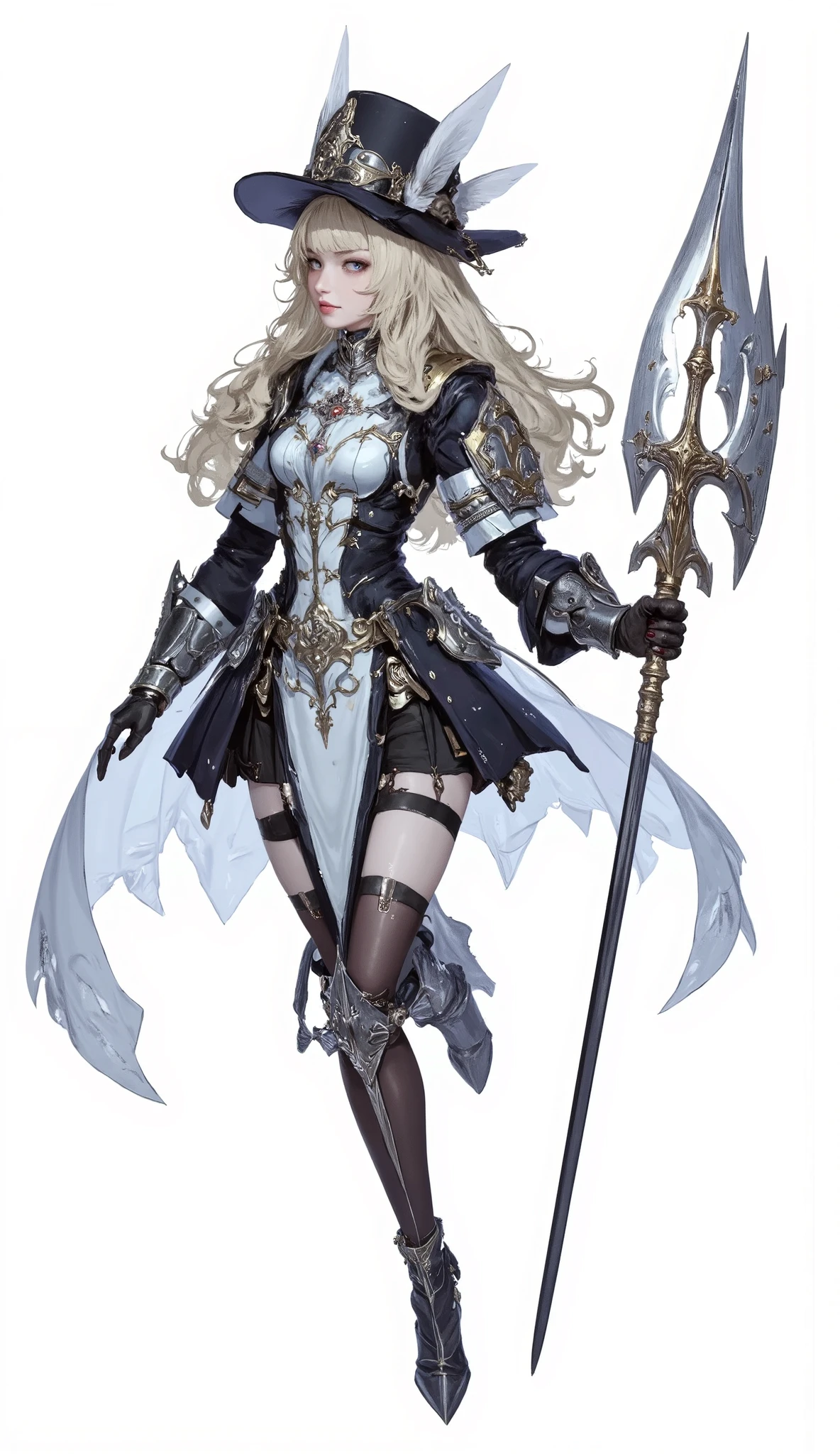(Masterpiece:1.5,Top Quality:1.3,Amazing Quality:1.3), (Anime Character), ((nsfw)), Solo, Full Length, Chiara, 1 Girl, ((Sexy cute woman:1.5)), White Skin, Silver Gauntlets, Silver Boots, Western sexy Armor, Shining Clothes, gleaming decorations, ((with big spear type weapon:1.6)), ((sword dance:1.5)), (sexy&fighting pose:1.2), (Wielding a weapon:1.5),pulsatile, The best of the Middle Ages, Female warrior, ready to fight, glamorous, blond hair, gothic dress, muscular body, sophisticated and glittering medieval armor, beautiful, very precise and delicate animation, vivid colors, unreal world, fantasy delusion, ((full body view)), (((not background, White background))),