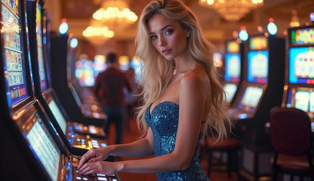 luxury styles woman 24 years old tall long wavy hair, big blue eyes long eyelashes, bearded nose, voluminous lips, healthy skin, big breasts, long perfect legs, athletic body, sexy feminine, passionately dressed, elegant in front of the casino in Monaco