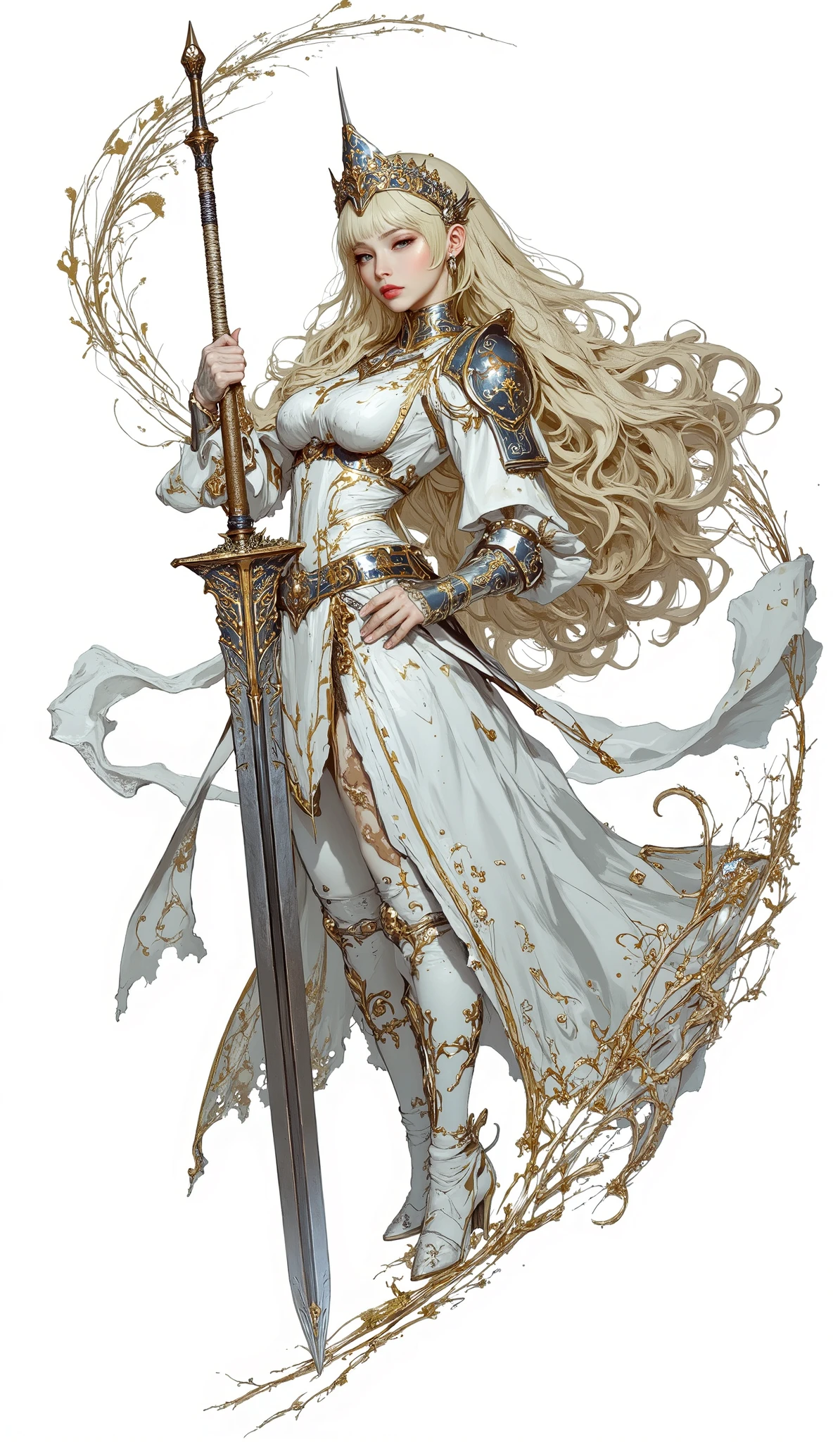 (Masterpiece:1.5,Top Quality:1.3,Amazing Quality:1.3), (Anime Character), ((nsfw)), Solo, Full Length, Chiara, 1 Girl, ((Sexy cute woman:1.5)), White Skin, Silver Gauntlets, Silver Boots, Western sexy Armor, Shining Clothes, gleaming decorations, ((with gigantic Claymore type weapon:1.6)), ((sword dance:1.5)), (sexy&fighting pose:1.2), (Wielding a Claymore weapon:1.5),pulsatile, The best of the Middle Ages, Female warrior, ready to fight, glamorous, blond hair, gothic dress, muscular body, sophisticated and glittering medieval armor, beautiful, very precise and delicate animation, vivid colors, unreal world, fantasy delusion, ((full body view)), (((not background, White background))),