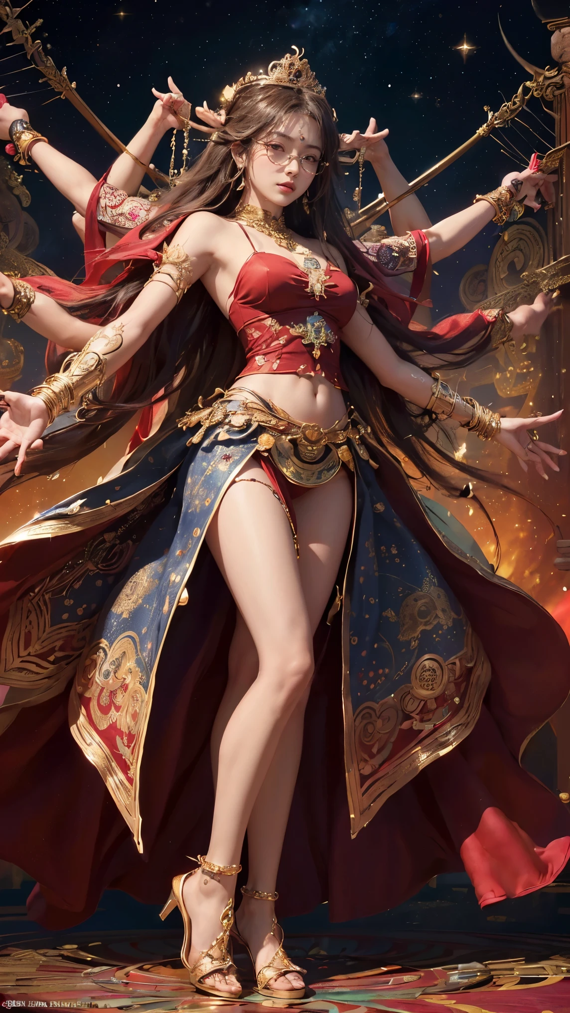 (masterpiece, best quality:1.2),3d,realistic, 1girl, solo, long hair,red lips,detail face,beautiful face, high heels, brown hair, full body, hair ornament, skirt, midriff, breasts, bare legs, red skirt, navel, jewelry, large breasts