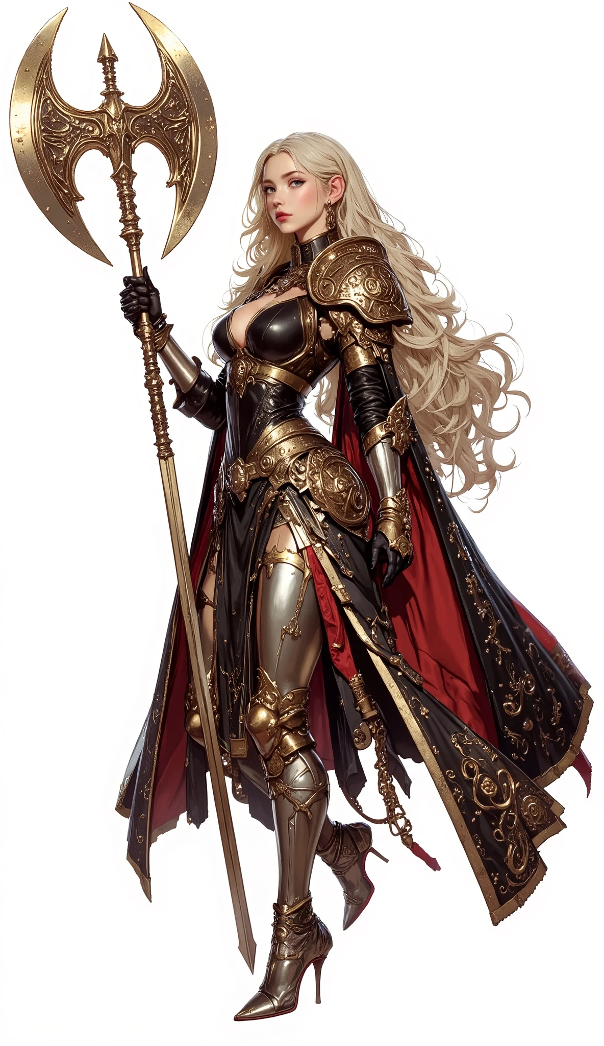 (Masterpiece:1.5,Top Quality:1.3,Amazing Quality:1.3), (Anime Character), ((nsfw)), Solo, Full Length, Chiara, 1 Girl, ((Sexy cute woman:1.5)), White Skin, Silver Gauntlets, Silver Boots, Western sexy Armor, Shining Clothes, gleaming decorations, ((with gigantic  Axe type weapon:1.6)), ((sword dance:1.5)), (sexy&fighting pose:1.2), (Wielding a weapon:1.5),pulsatile, The best of the Middle Ages, Female warrior, ready to fight, glamorous, blond hair, gothic dress, muscular body, sophisticated and glittering medieval armor, beautiful, very precise and delicate animation, vivid colors, unreal world, fantasy delusion, ((full body view)), (((not background, White background))),