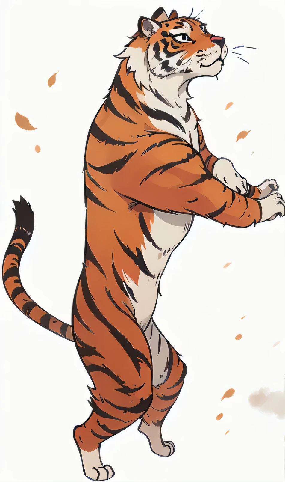 , score_9,score_8_up,score_7_up, kemono style, [Master Tigress], [Kung Fu Panda], red eyes, yellow sclera, tiger female, feminine, tall, skinny, hourglass figure, naked, standing, simple abstract background, wearing a skimpy haori, haori barely covering her, exposed shoulder, exposed ass, lifting tail, seductively modeling, standing, one leg up bottom of foot visible, 