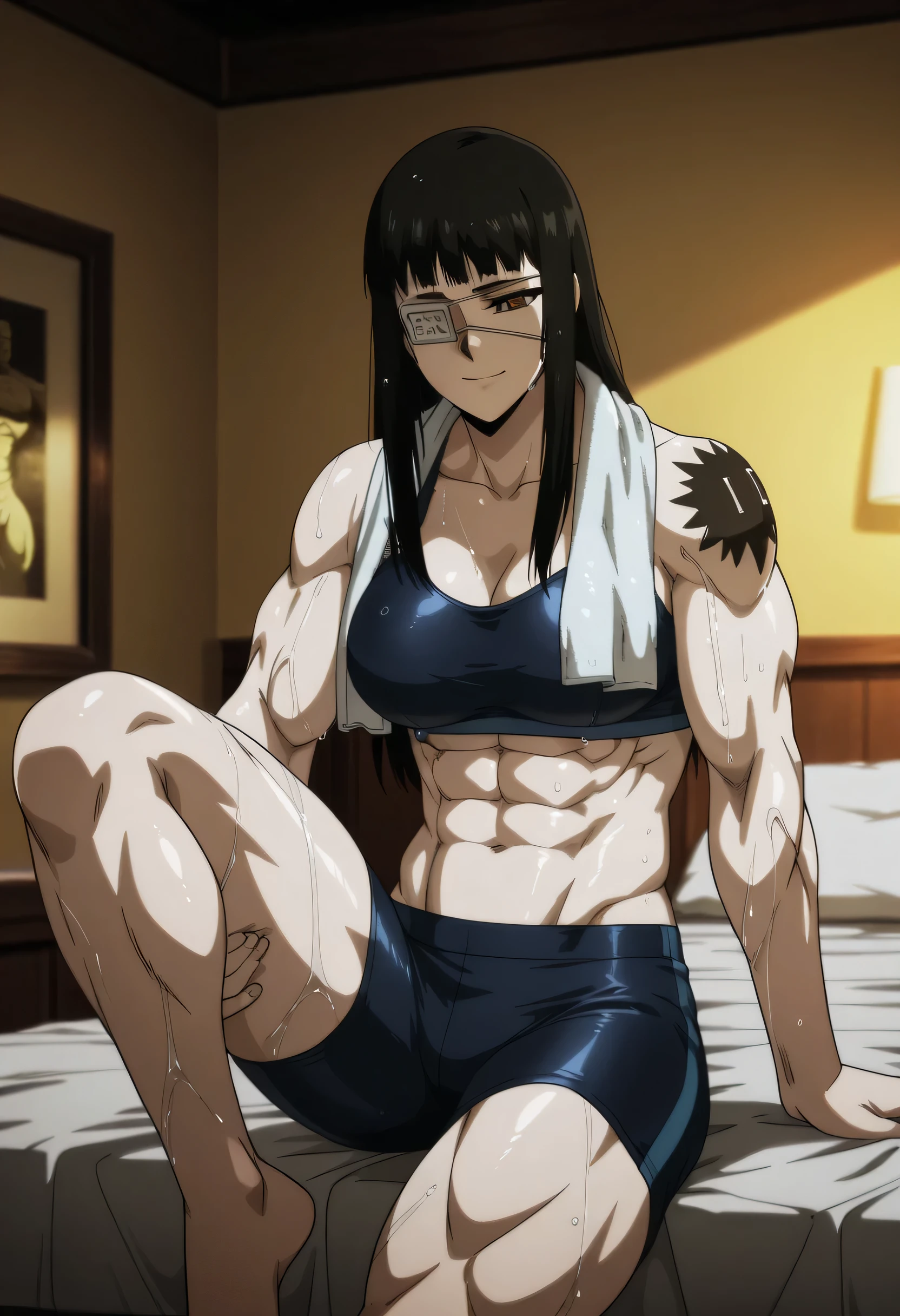 absurdres, (best quality), (masterpiece),tenten\(shippuden\), 1girl, solo,mature female,  forehead protector, beautiful eyes,  fingerless glove, konohagakure symbol,forest, headband, (brown bikini), indian style, sitting, smile, looking at viewer, cowboy shot,sitting, trending on pixiv, kind smile, best quality, anime style: 1.9, short hair, ((navel, belly button), slender body, slender belly, bracelet, blue hair, open mouth, big eyes), smile, beach, wind, floating hair, detailed arms, off-shoulders, broad shoulders, (((both) hands spreading to both sides)), fancy couch, relaxing, laying, talking, looking at the viewer))), (((flexing))), (((ultra detailed arms)))). (((curvy: 1.2))),muscular,female,bodybuilder,strong,toned physique,ripped muscles,lean body,fitness enthusiast,empowered,confident,posing on the stage,determined expression,fierce competition,bulging biceps,sweat dripping,veins popping,athletic physique,intense workout sessions,strong legs,bulky shoulders,disciplined lifestyle,dedicated training regimen,fitness inspiration,endurance,unstoppable force,barbell,weights,exercise equipment,stamina,perseverance,sculpted arms,powerful presence,fitness model,athleticism,competition preparation,high-intensity training,competition stage,striking physique,mental fortitude,motivation,hard work,persistence,inspiring,admired by others 