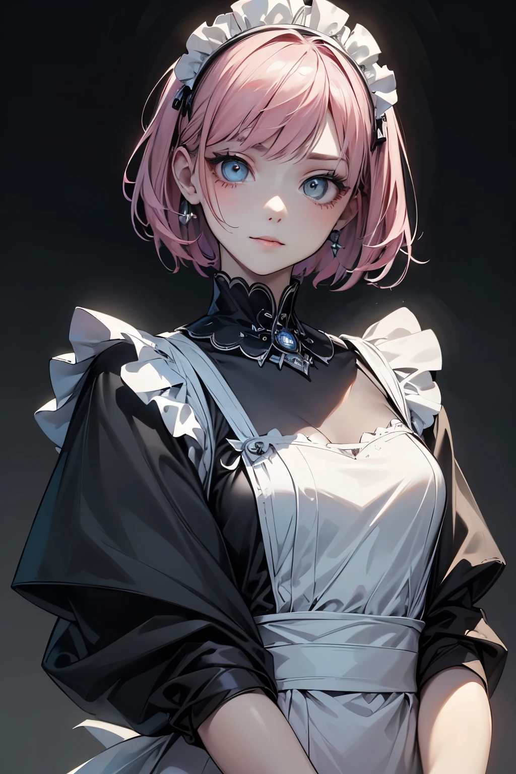 (best quality,4k,high resolution,masterpiece:1.2)With a monochrome touch,in a wasteland,detailed eyes,beautiful detailed lips,extremely detailed large eyes and face,long eyelashes, perfect anatomy, a 20-years-old maid with short pink hair is standing, holding a head-gear with her hands. Europian noble face,face with no emotion like a doll, tightly fitted outfit,black long-sleeved maid costume,wearing long skirt, small bust, wearing white tights, upper body portrait,beautiful face with vacant smile, large blank eyes, feels a blank expression.