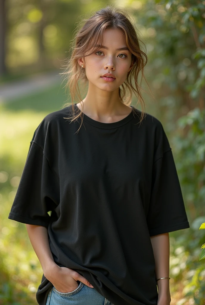 RAW photo, subject,1girl,standing,forest,tree,upper body, sunlight,(bokeh:1.2),arms behind back,
