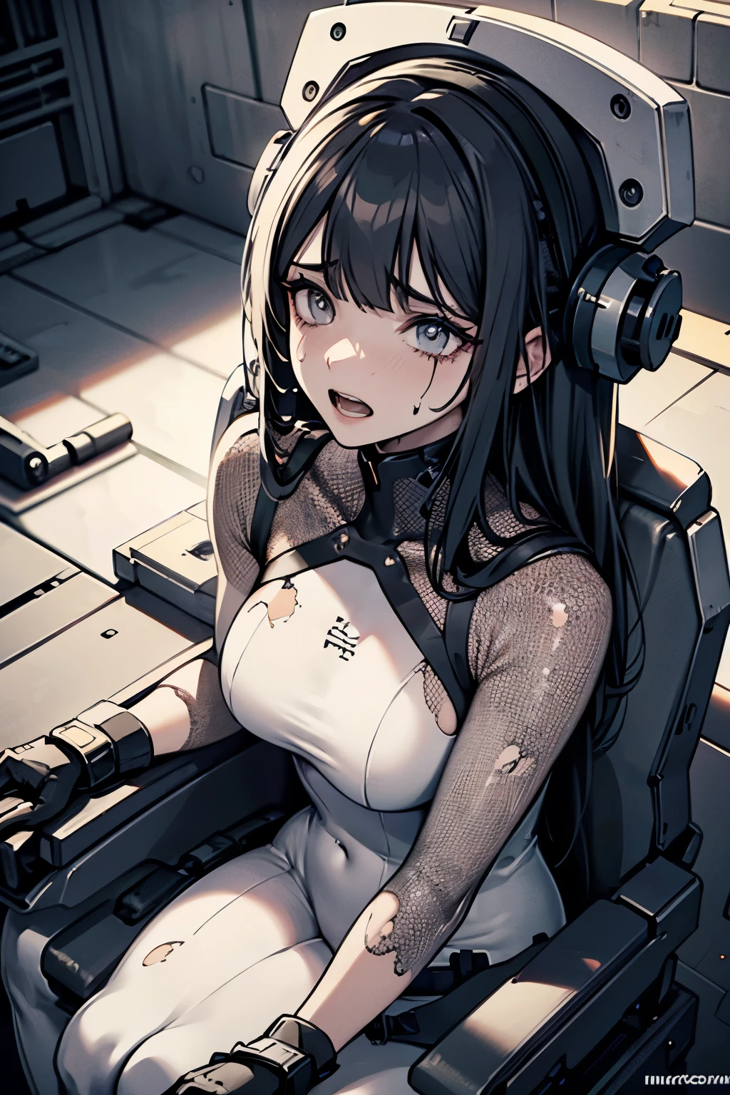 (best quality,4k,high resolution,masterpiece:1.2), With a monochrome touch, In a wasteland, a -yald girs sitting on a mechanical chair, binded, captured, a photorealistic cute gymnast with long black hair, beautiful face with fearness, open eyes, open mouth to scream, sweating, wearing broken white bodysuits, wearing white bodysuits, wearing white fishnet bodysuits. Europian face, scared face, open eyes with scared.