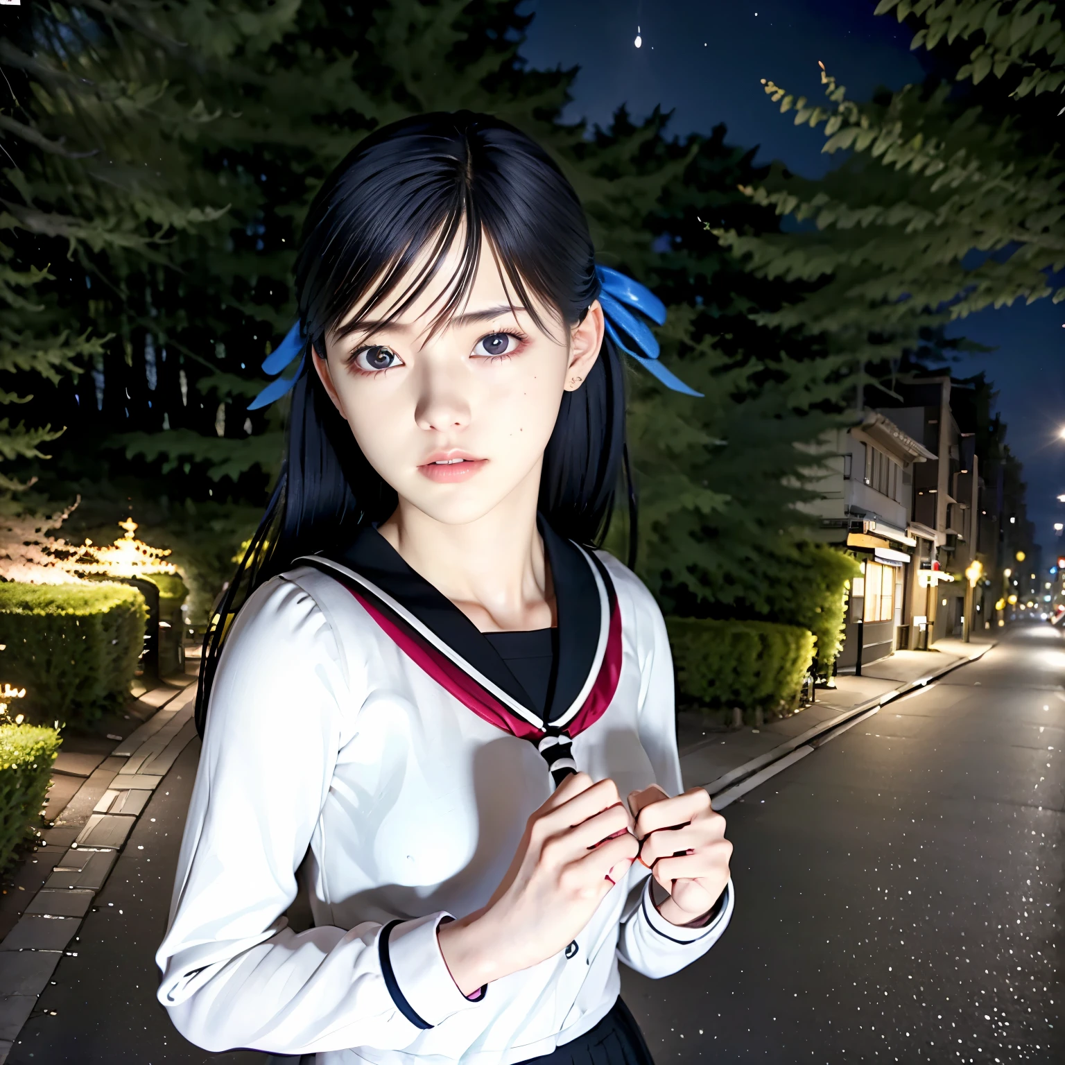 (8k, top quality, masterpiece:1.2), (realistic, photo-realistic:1.37), very well detailed,top quality, Ultra High Precision, professional lighting, photon mapping, radiosity, Flutters like an overwhelmingly thick mouth Artistic , cinematic lighting, Late night road,description border depth, sharp concentration, sunshine, Good composition,(Bokeh:1.2) 1 girl, alone,(full body), ( She closed her mouth ), thin and beautiful eyes, Pause, thin waist, Hand job for a Japanese high school girl, black hair,Messy Hair, She's scared of something、