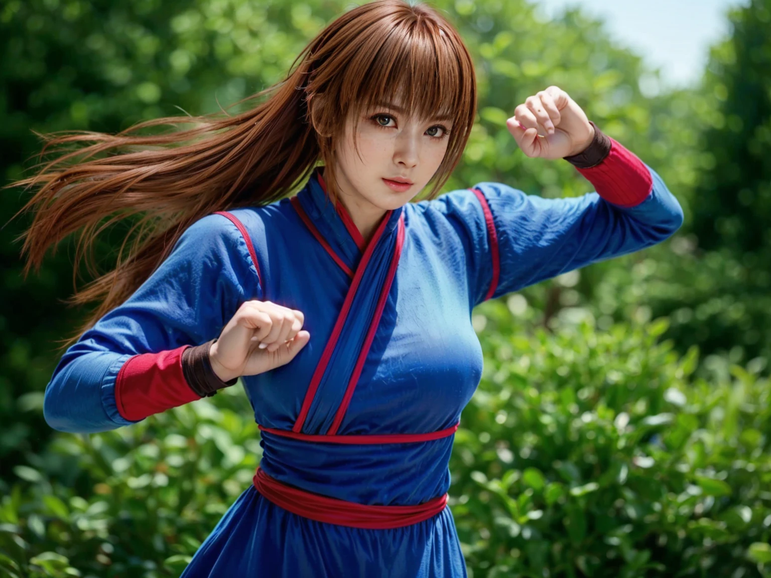 Highest quality realistic photos, Beautiful female swordsman, Wear blue and go to battle