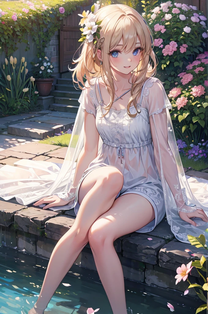 not safe for work, 1girl, , (((no panties))), (((bare twat))), line of the twat, (panties pull, white panties that wrap around the knees:1.4), blonde hair, blue eyes, smile, long hair, twinkle in the eye, small breasts, cute, , -yo