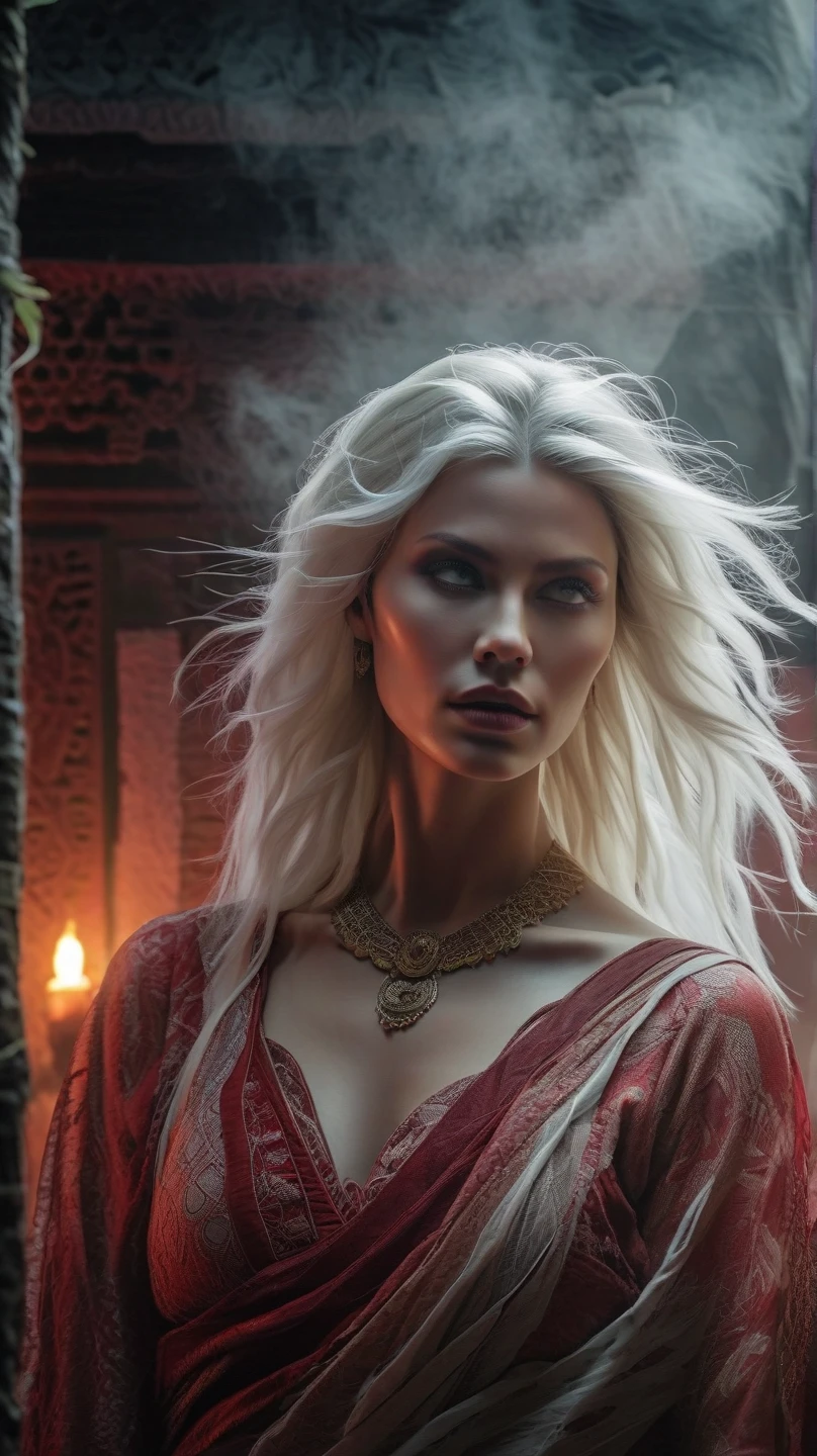 (8k 16k, RAW photo, best quality, master:1.2), (realistic, photo-realistic:1.37), ultra-detailed, arkonidin, red iris, white hair. Create an awe-inspiring portrait of a captivating woman in a futuristic setting. Against the canvas of a mysterious city adorned by stars and veiled in smoke, she embodies the essence of prosperity. Her porcelain skin radiates an ethereal glow, highlighting her extraordinary beauty. Let her long, flowing white hair, as pure as freshly fallen snow, cascade down her shoulders and bust, accentuating her regal and commanding presence. To add a touch of allure, depict her in overknee boots and stockings, perhaps elegantly laying on a tree, creating a scene of unparalleled elegance and sophistication. Enhance the vibrancy of the colors to bring out the richness of the futuristic landscape and the woman's striking features.
