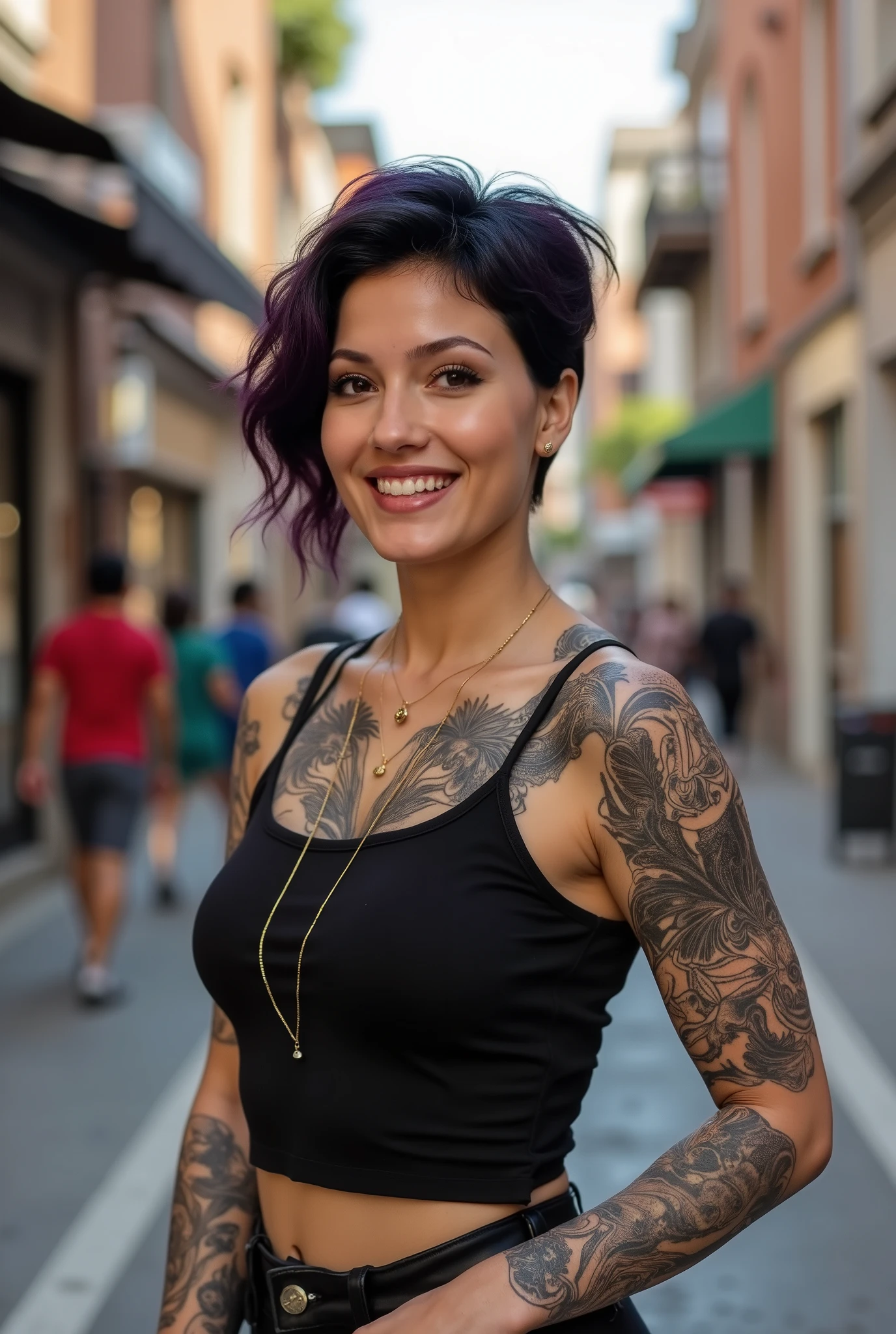She is dressed stylishly.Tattoos are also available.She has a bright smile and a nice pose that looks like something out of a movie on a busy city street.