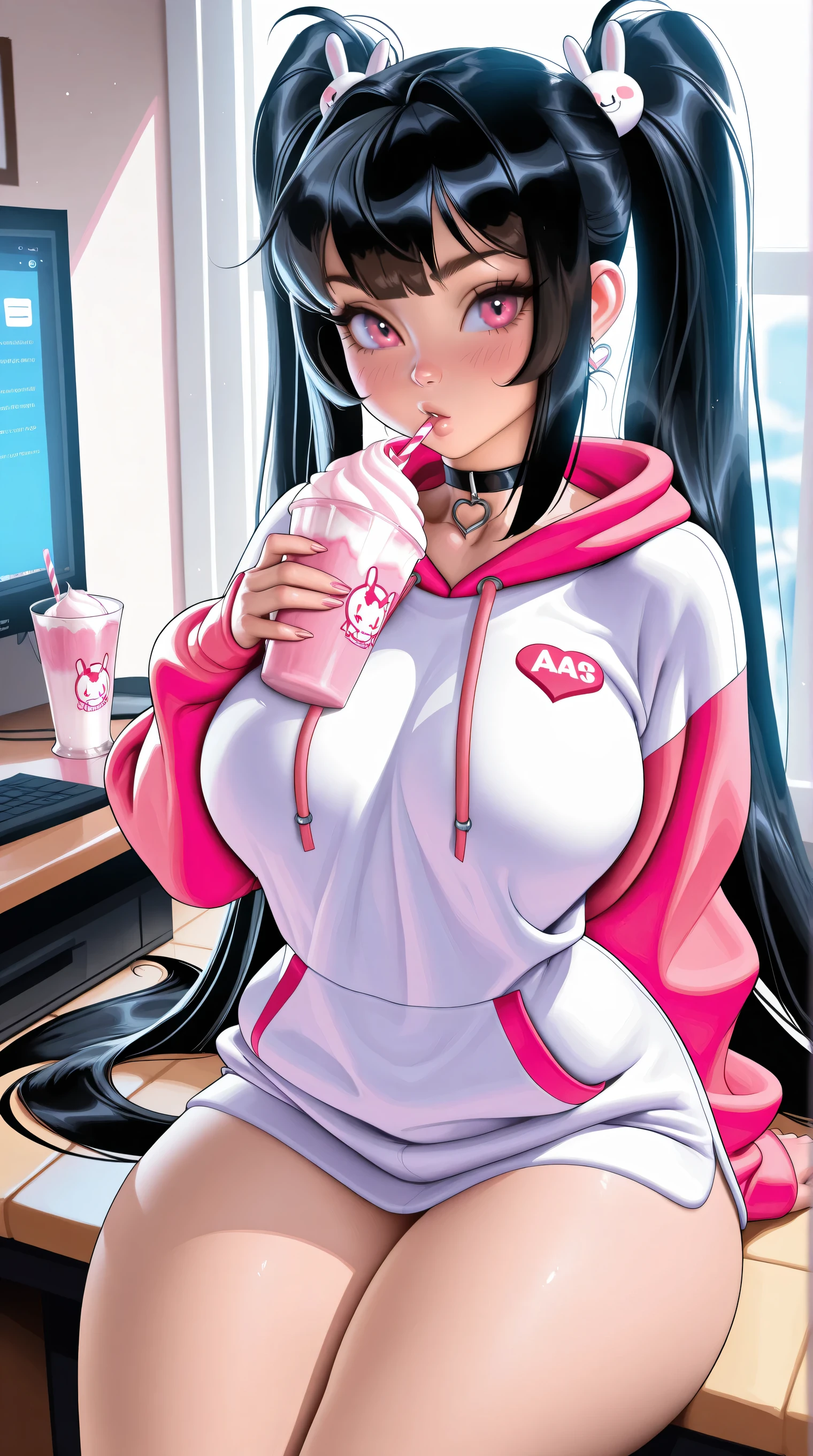 (TangoBat:0.7),(Sakimichan:0.7), A gamer girl with black and white long-twin tailed hair. She has pink eyes, Pastel hoodie, Pastel gamer bedroom background, Milkshake,masterpiece, best quality,absurdres