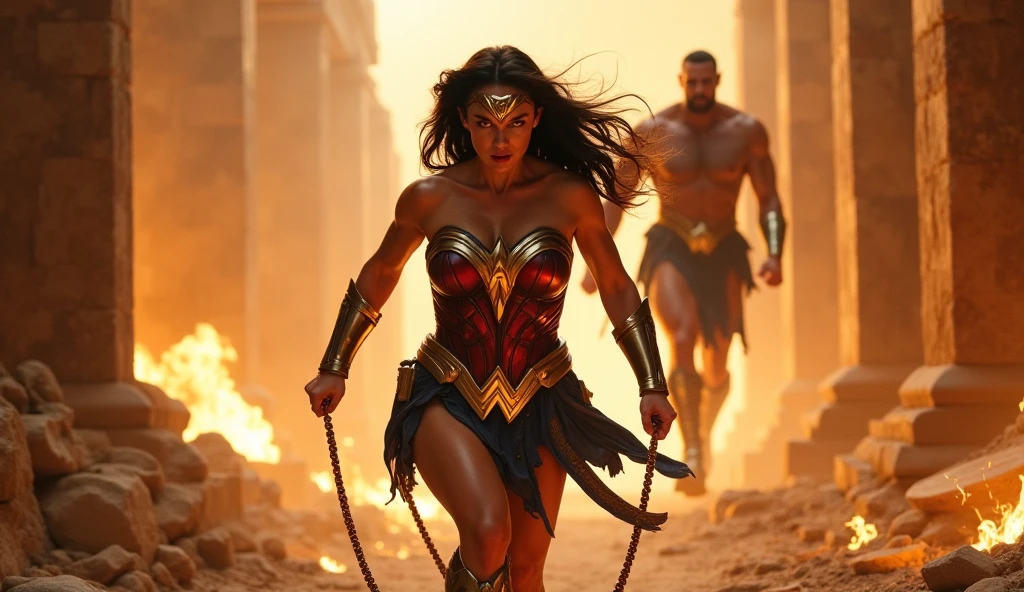 Wonder Woman standing chained in the beach, chained and shackled in the beach, (restrained:1.2), humiliation, (wet body), (ropes all over body), (wonder woman costume:1.1), (surrounded by black man:1.2), crowded,