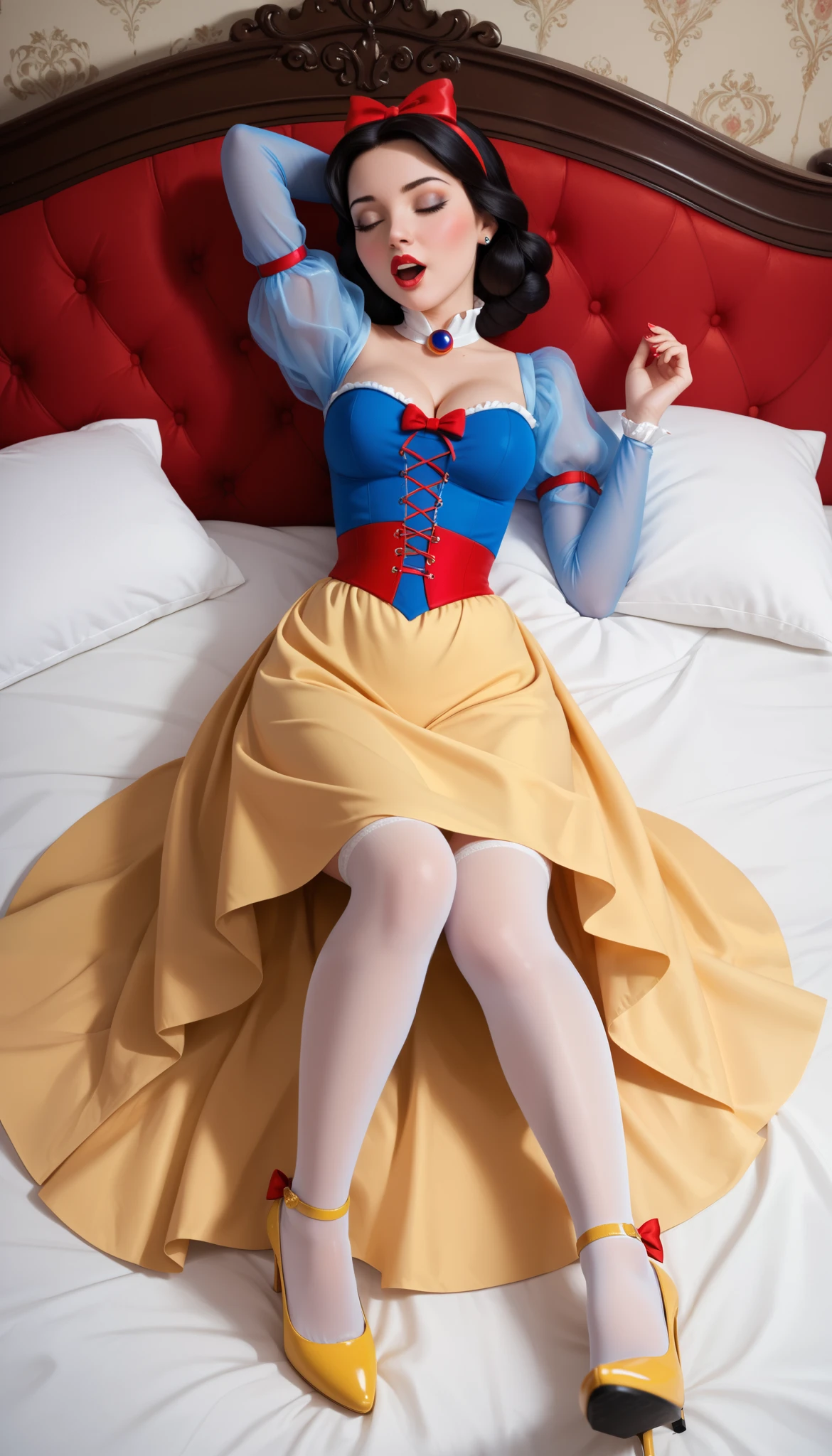 lying on the bed, m-shaped open legs, see-through white panties, eyes closed, one hand behind her head, cameltoe, moaning, best quality, masterpiece, ultra-realistic, 8k,1girl, mature, 18 years old, Snowwhite, Disney, \(Snow White and the Seven Dwarfs\)/,(ultra HD quality details), brown eyes, black hair, bobbed hair, pale skin, rosy red lips, rosy cheeks, brown cape with a red interior, bow-like ribbon, blue sleeves with red slashing, puffy sleeves, yellow skirt, laced petticoat, dress, white collar, long skirt, short skirt, high-heeled shoes, yellow shoes, white stockings, high collar, sexy pose, cleavage,disney princess, princess bed background