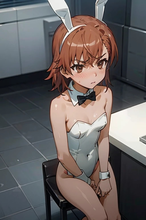 NSFW,masterpiece,Highest quality,High resolution,Very detailed,Madoka Higuchi\(The Idolmaster Shiny Colors\),short hair、Brown Hair、Purple Eyes、hairpin,(Clear Vinyl Playboy Bunny),See-through,Streaks,Nipples,tray,Condom box,Adult goods,Lustful face,Embarrassed,blush,Glare,casino,(Middle-aged men),Molester,(sexual harassment),Body touch