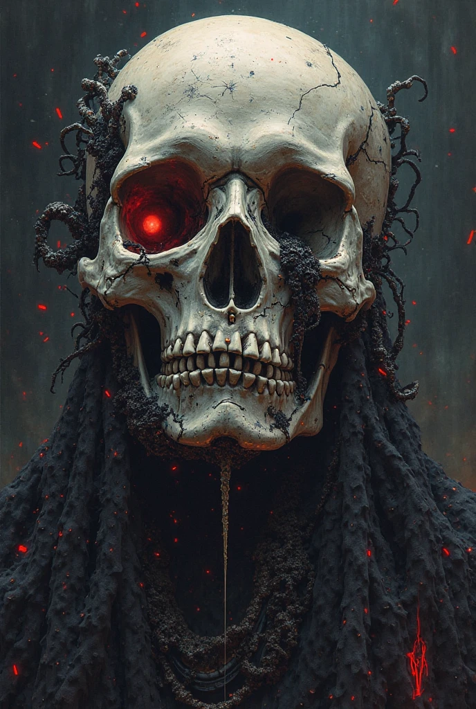 A sketch drawing of character skull joker with black dreadlocks and diamond jewelry, hyper-realistic, artistic, all black and red