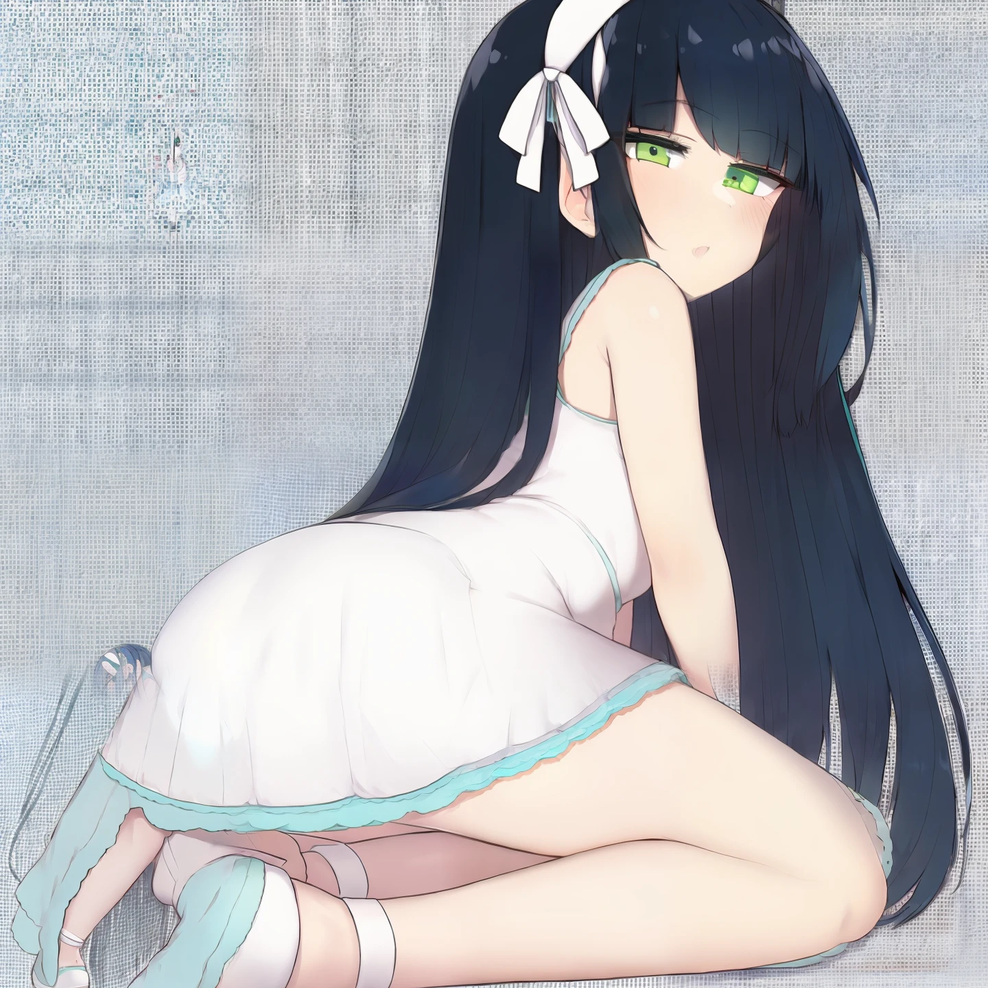 realistic image, coherent image, detailed image, a beautiful elf, she has long black hair, a big bow, she has turquoise eyes, her face is oval and delicate, blushing, medium breasts, curvy body, thick thighs, she is wearing a off shoulder blouse, jean mini shorts, sneakers, view of her legs, black background, uniform background,