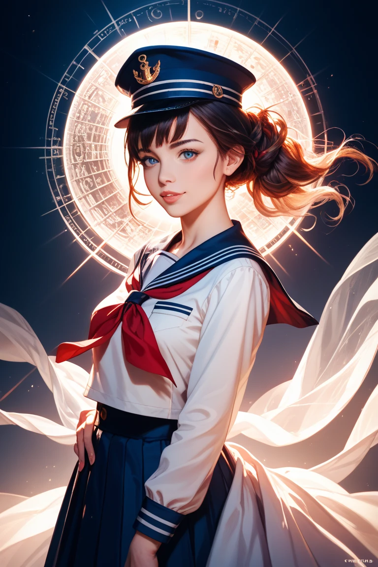 ((melhor qualidade)), ((obra-prima)), ((realista)), (1 menina: 1.5), The comic image of a military girl in a cap with a coat of arms with a (rosto sedutor:1.2), Manga Style Coloring, Ultra Detalhado, Nisio Isin, Krenz Cushart, Crisp colors, nebuloso, intensidade de close-up, Hurufiyya, multichromatic intensity, (Colorido:1.3), Eiichiro Oda, rosto limpo, seios grandes, decote, from the back, bunda redonda