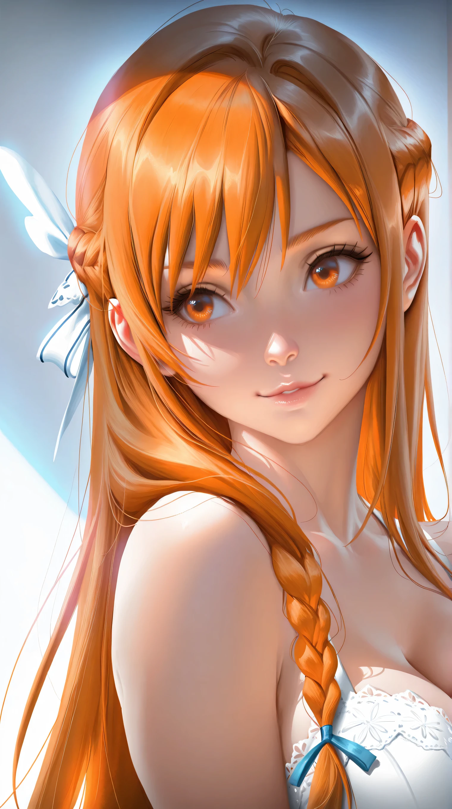 (Sakimichan:0.7), masterpiece, best quality, 8k, high resolution, amazing quality, Asuna Yuuki, long hair, orange blond hair, amber eyes, straight bangs, side braid half updo, solo, slender waist, soft curves, real light and shadow, beautiful detailed face, intricate details,semi-realism,masterpiece, best quality,absurdres