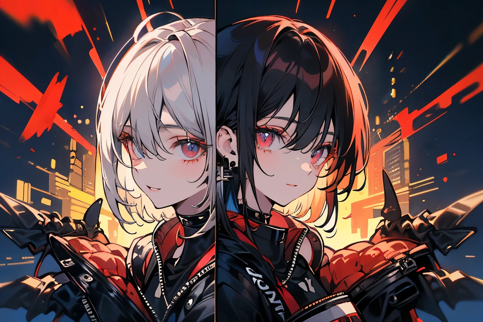 good looking, alone, 1 male, short hair, Gray Hair, Red highlights on hair tips, (Heterochromia,right eye:Glowing yellow eyes,left eye:Burning, clear red eyes,Illuminate), Black clothes, Futuristic, You say,Wolf Ears,blue sky,port
