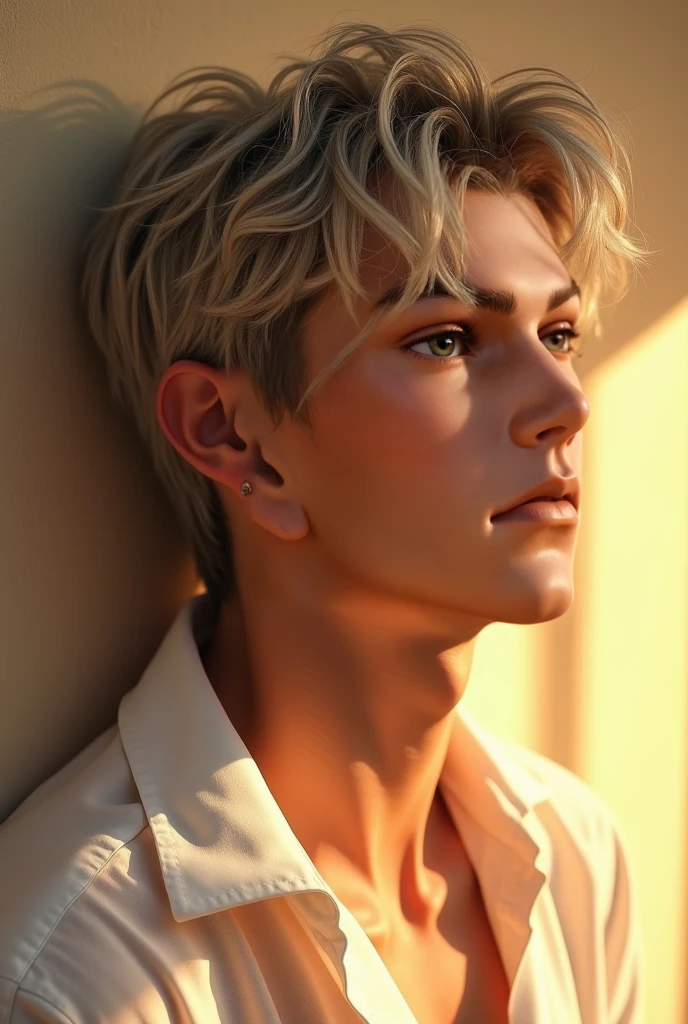 (best quality, masterpiece:1.2), blond hair, masculine, curly hair, spiky hair, tousled hair, attractive face features, 20 years old, slender and toned physique, slightly longer wolf cut, hair styled with wax