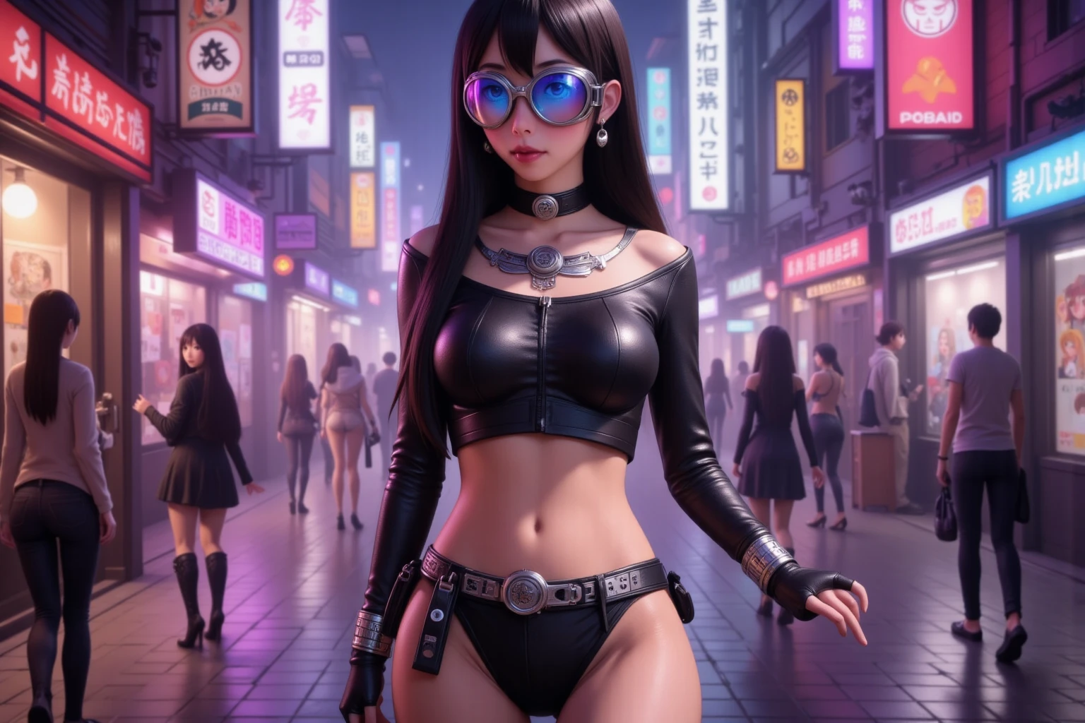 Girl with short black hair, extremely large breasts, blindfolded, white skin and thick lips, cyberpunk style, black bikini and jacket on a desolate street with neon lights in japan