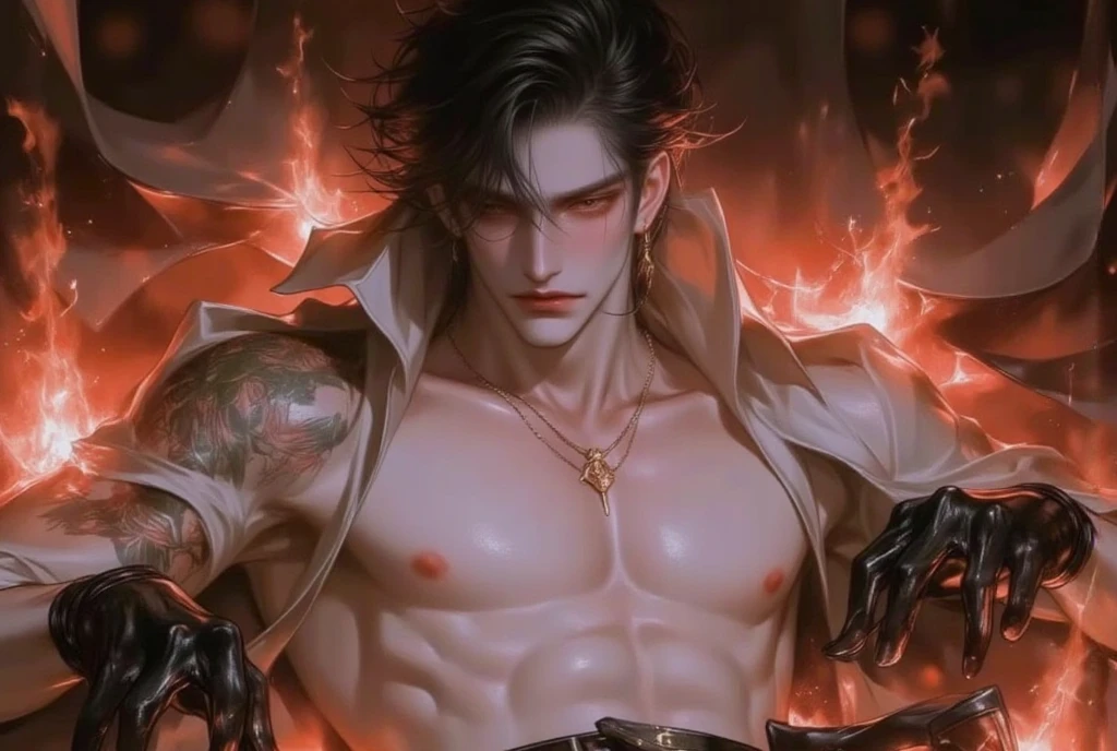1 male,perfect looking,tanned, red eyes, tall bundle, dark gray hair, tall and big, bouncing, bare-chested, shirtless, left chest scar, star tattoo on the nape of the neck ;