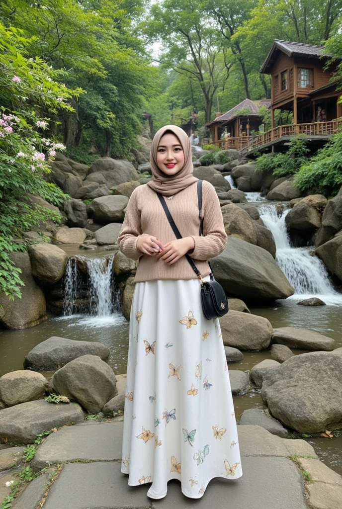 The image shows a person standing on a stone pathway surrounded by a serene natural setting. The individual is wearing a beige hijab pasmina slim body 20 years old korean style , a light brown sweater, and a long white skirt adorned with butterfly patterns. They are also carrying a black crossbody bag. The background features a picturesque waterfall cascading over rocks, with lush greenery and blooming flowers. There are also wooden structures and a small bridge visible in the distance, contributing to the tranquil atmosphere. ((Buat rok panjang nya  rumbai  ber sap 1 2 3,)) (is running)) ((smile pose camera)) 